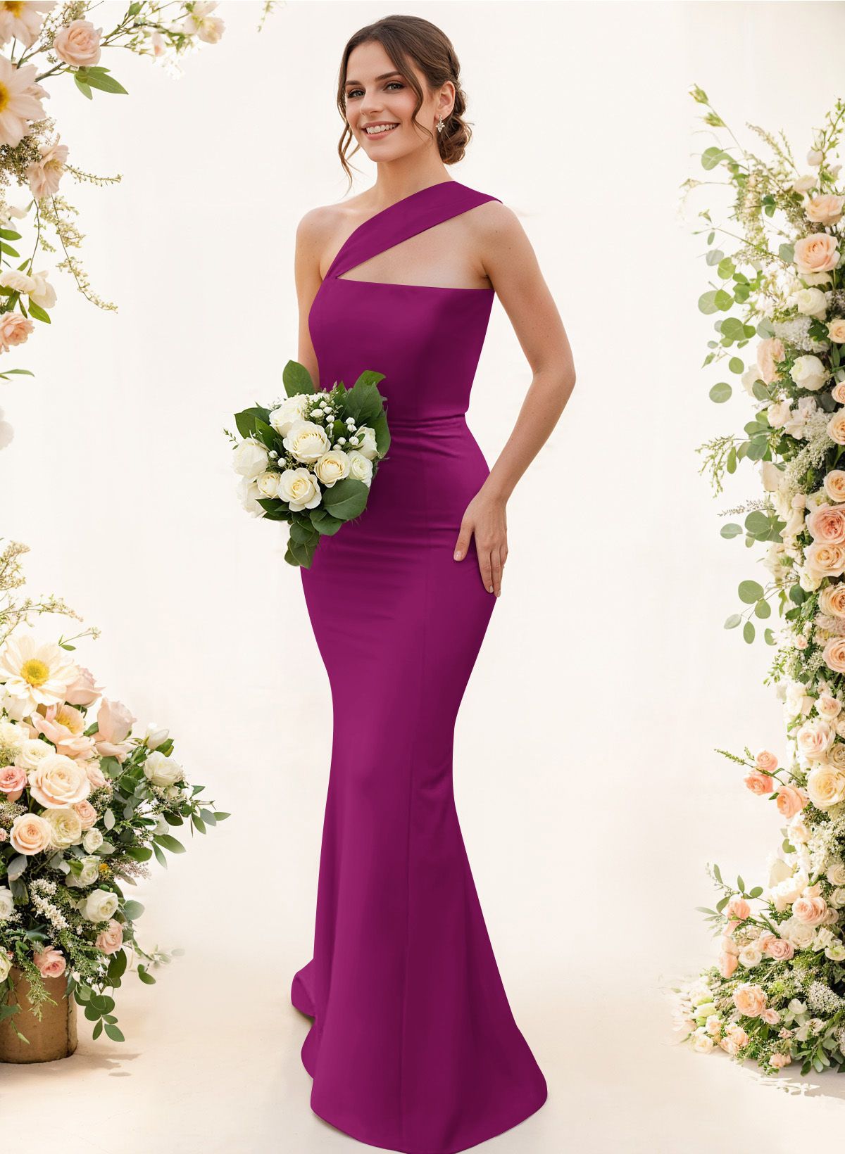 One-Shoulder Trumpet/Mermaid Pink Elastic Satin Bridesmaid Dresses, product image 47