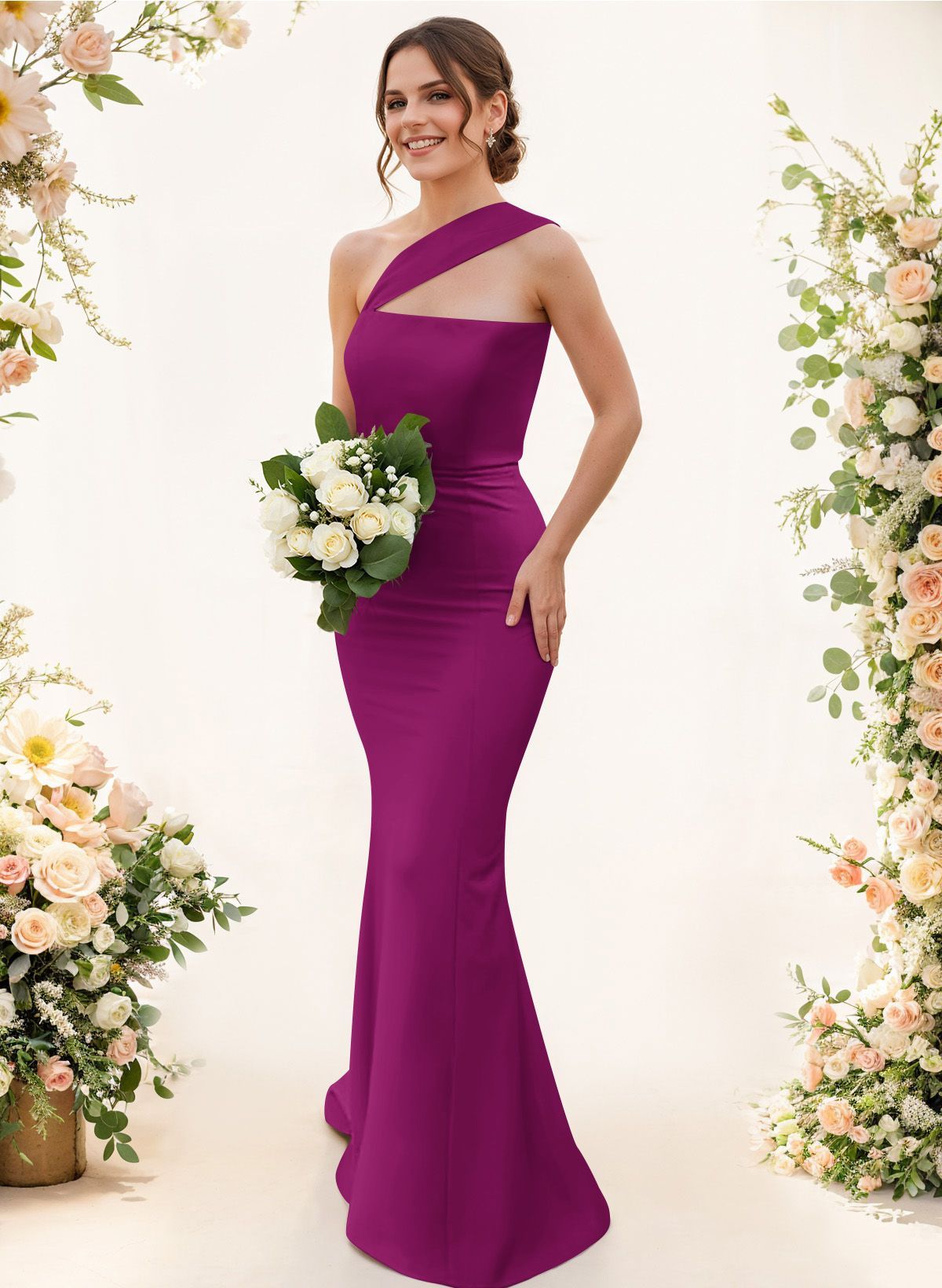 One-Shoulder Trumpet/Mermaid Pink Elastic Satin Bridesmaid Dresses, product image 47