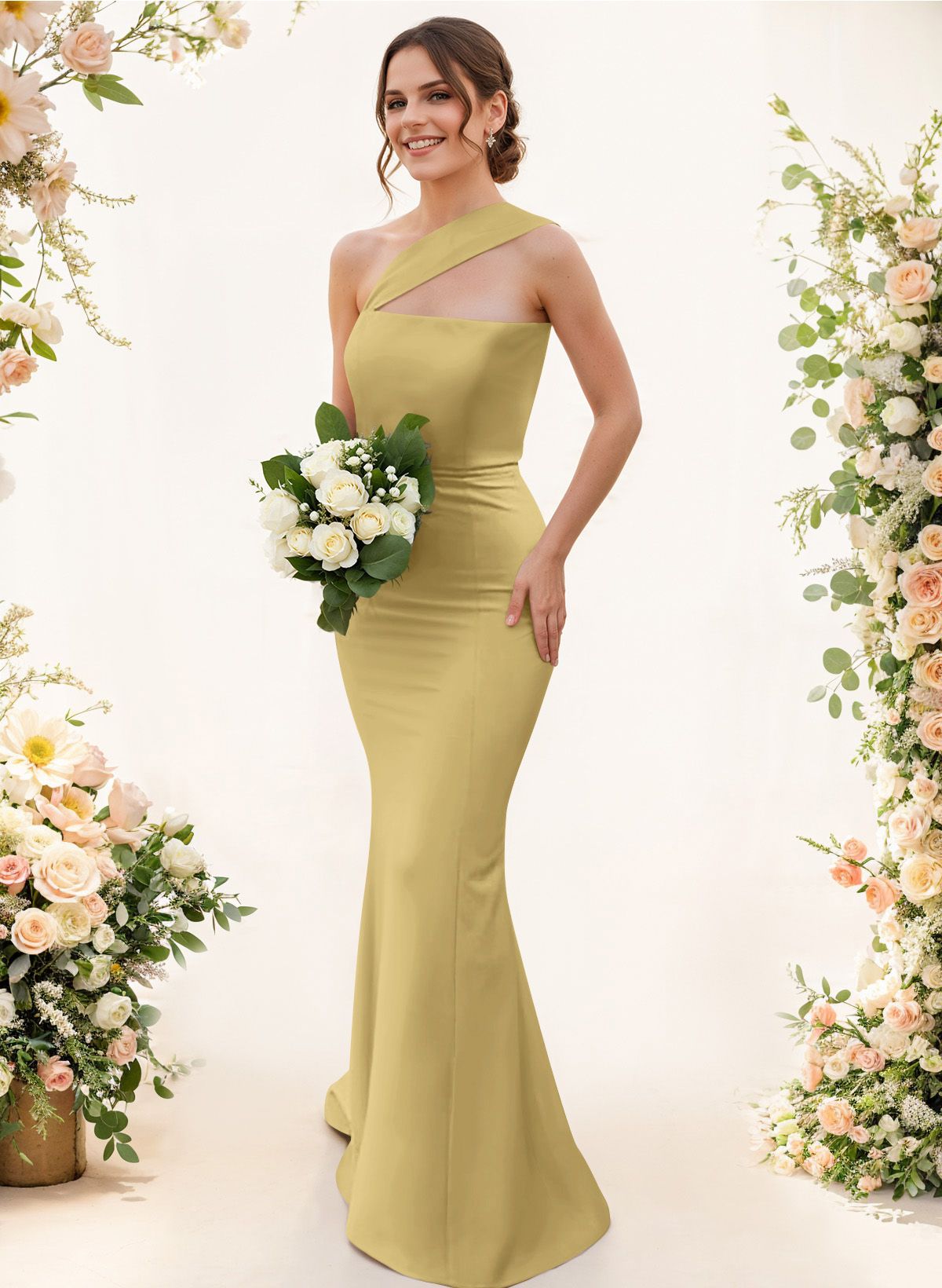 One-Shoulder Trumpet/Mermaid Pink Elastic Satin Bridesmaid Dresses, product image 146