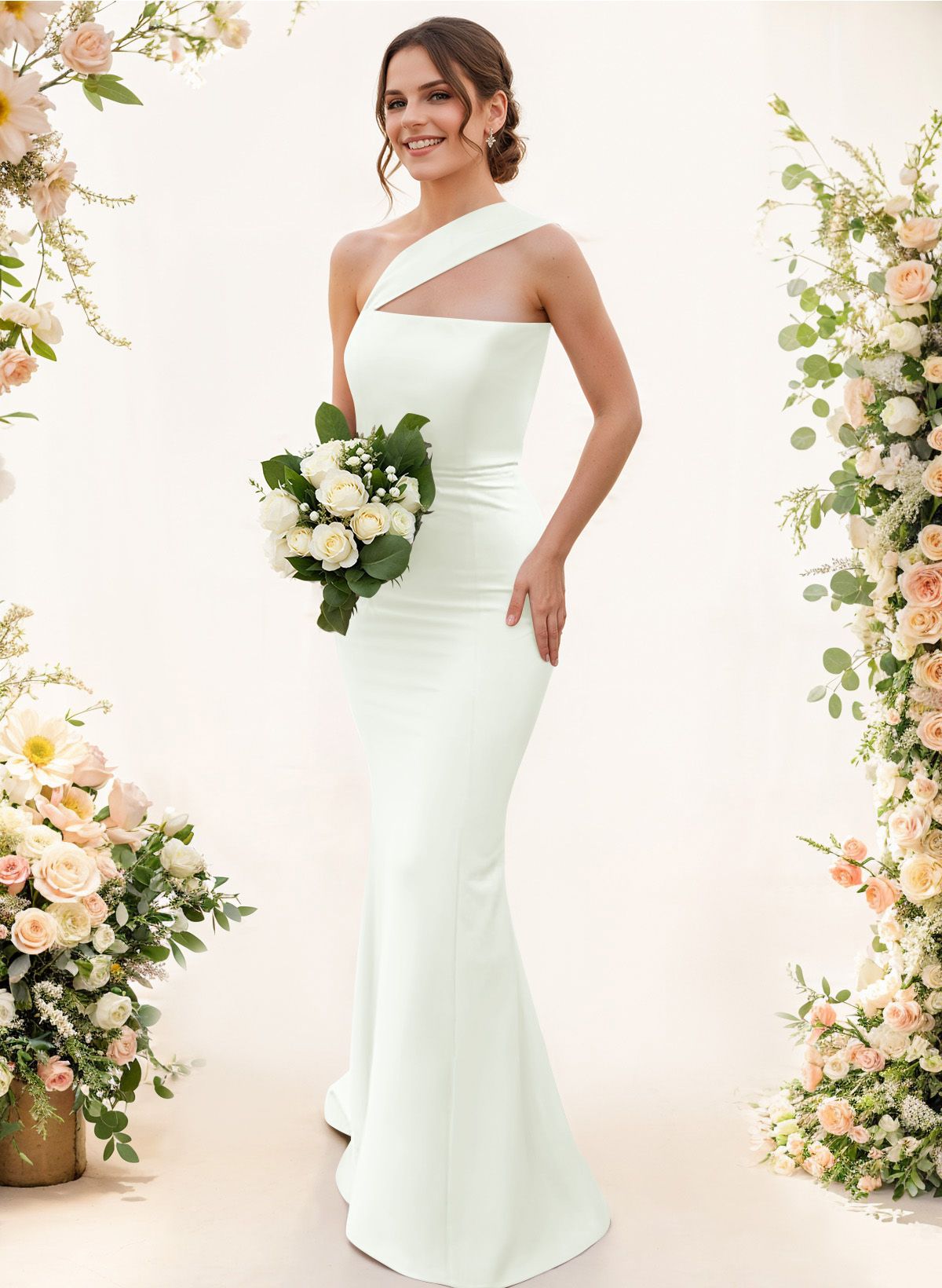 One-Shoulder Trumpet/Mermaid Pink Elastic Satin Bridesmaid Dresses, product image 161