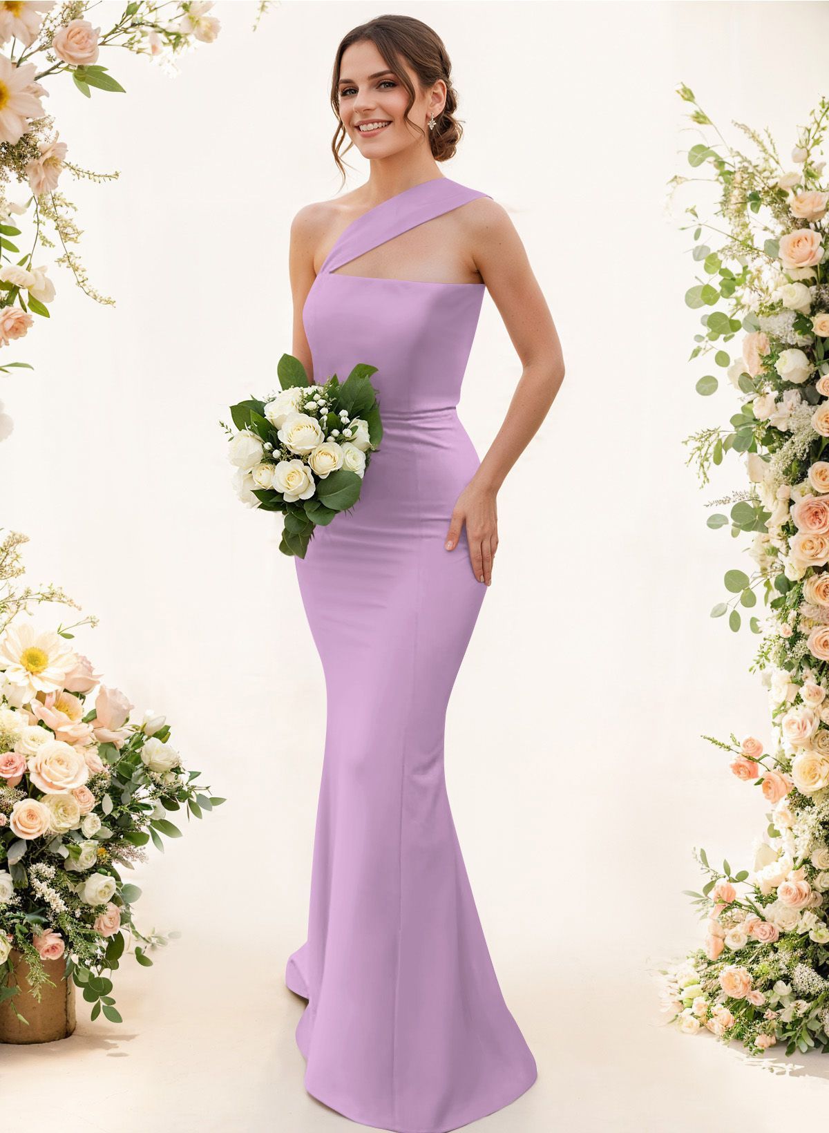 One-Shoulder Trumpet/Mermaid Pink Elastic Satin Bridesmaid Dresses, product image 101