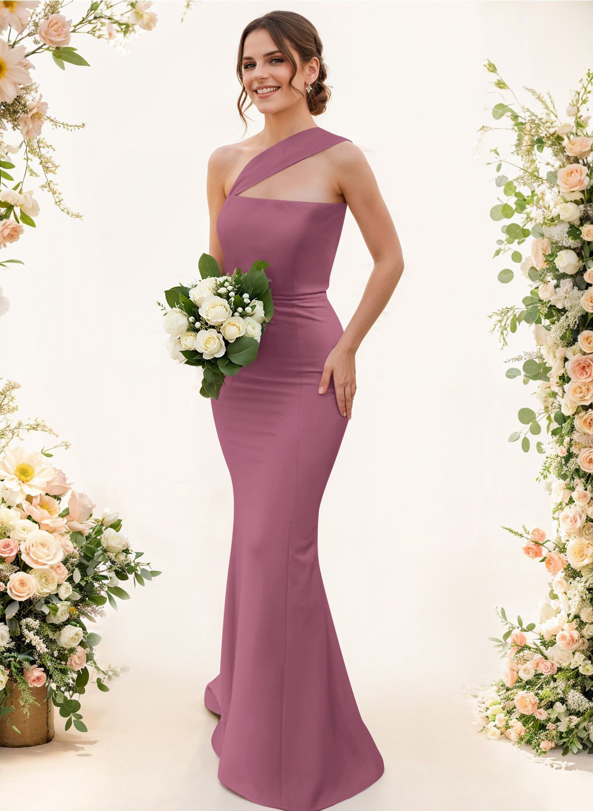 One-Shoulder Trumpet/Mermaid Pink Elastic Satin Bridesmaid Dresses, product image 98