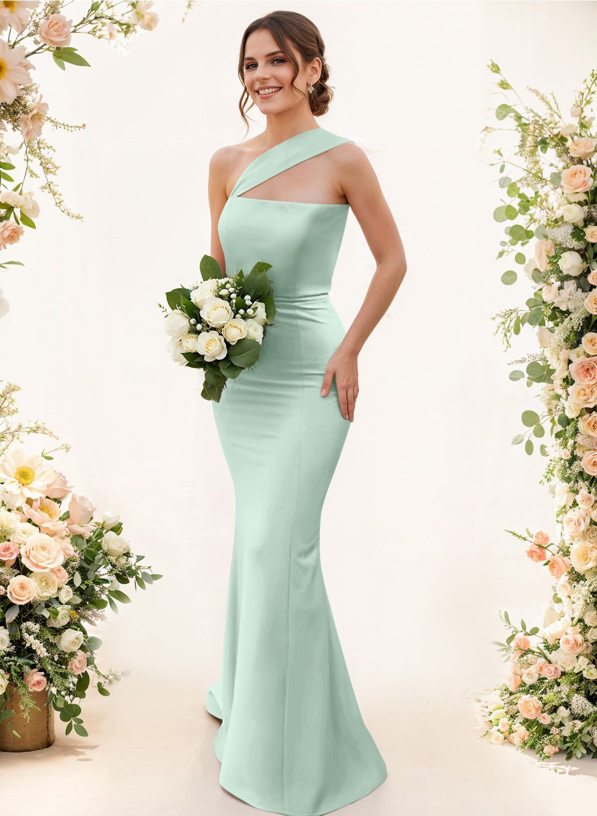 One-Shoulder Trumpet/Mermaid Pink Elastic Satin Bridesmaid Dresses, product image 131