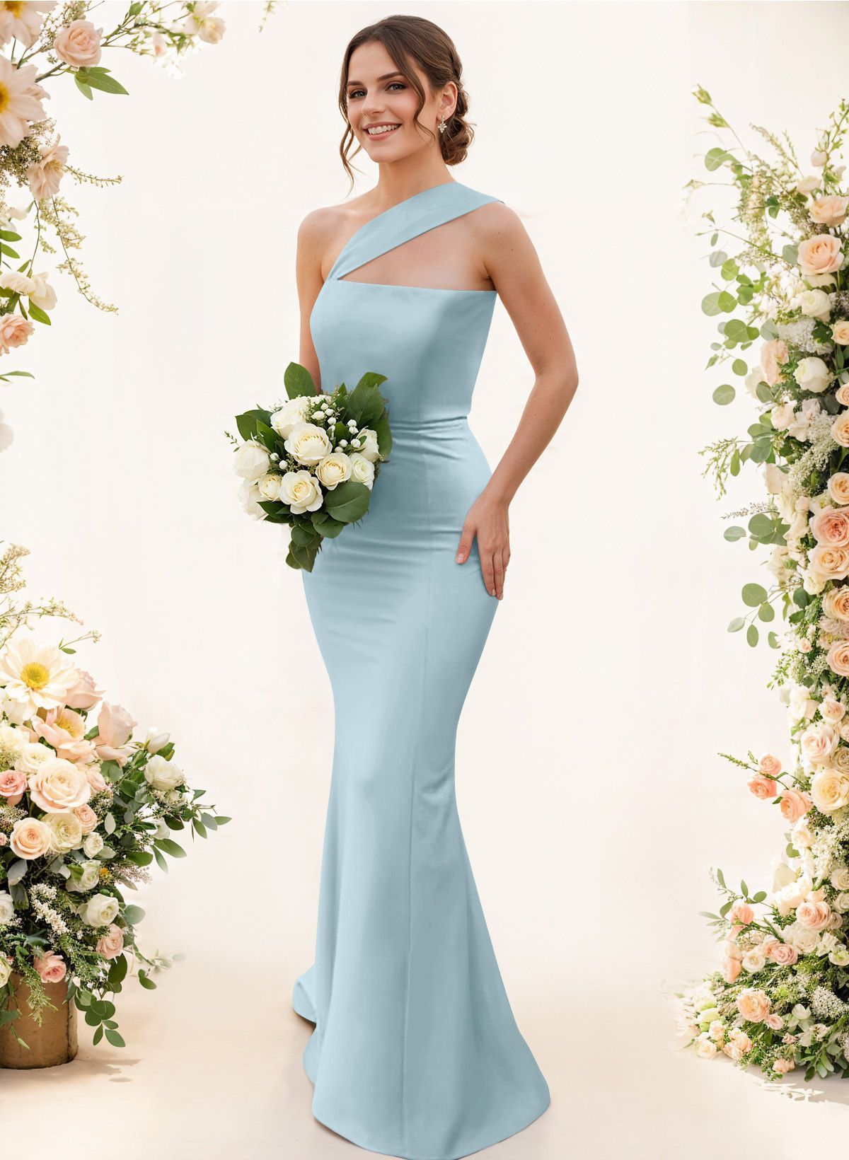 One-Shoulder Trumpet/Mermaid Pink Elastic Satin Bridesmaid Dresses, product image 134