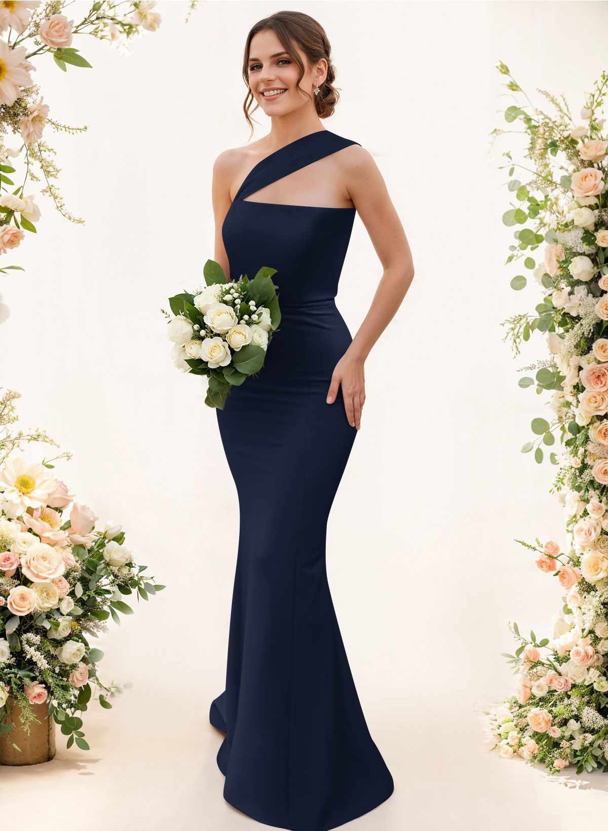 One-Shoulder Trumpet/Mermaid Pink Elastic Satin Bridesmaid Dresses, product image 20