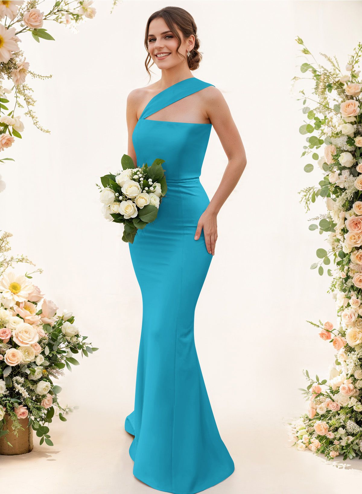 One-Shoulder Trumpet/Mermaid Pink Elastic Satin Bridesmaid Dresses, product image 41