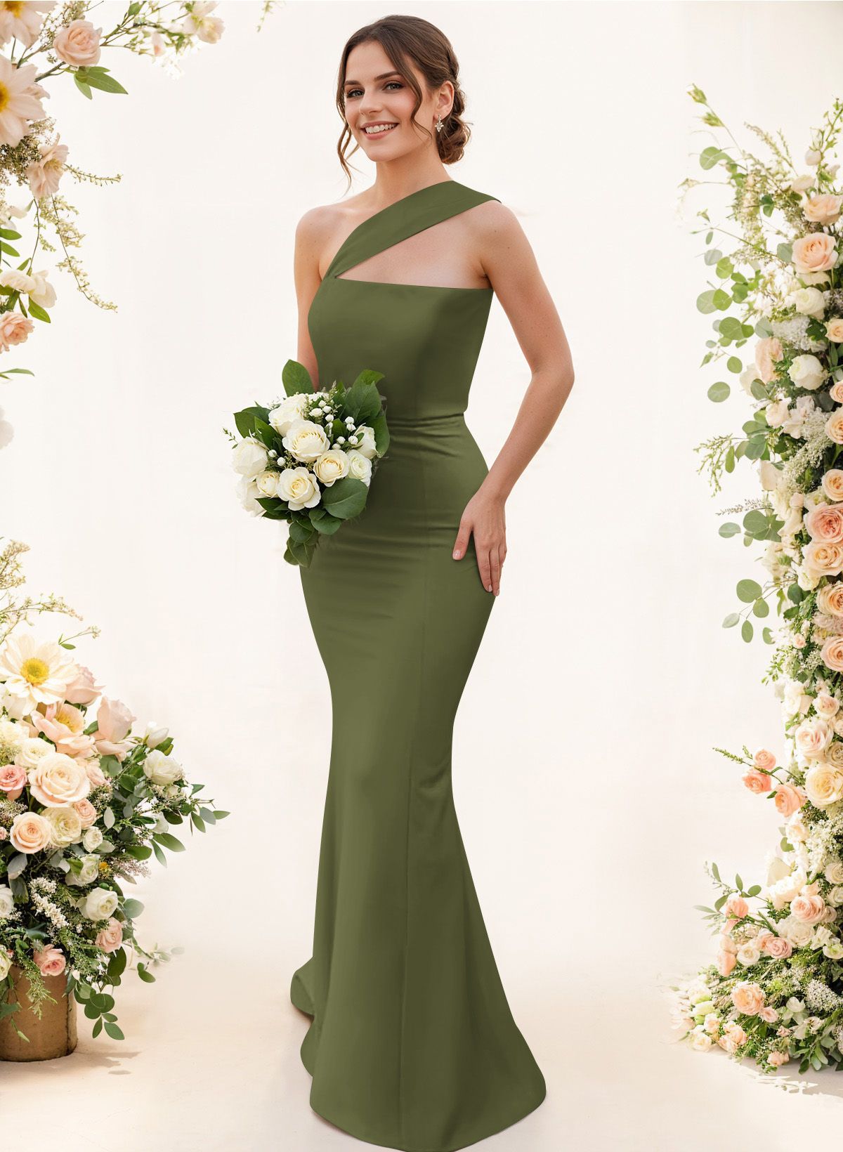 One-Shoulder Trumpet/Mermaid Pink Elastic Satin Bridesmaid Dresses, product image 122