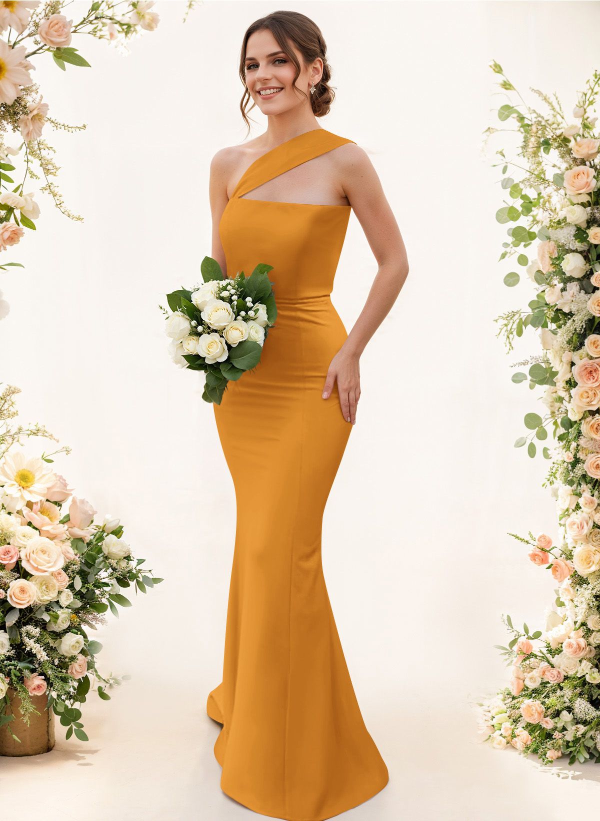One-Shoulder Trumpet/Mermaid Pink Elastic Satin Bridesmaid Dresses, product image 152