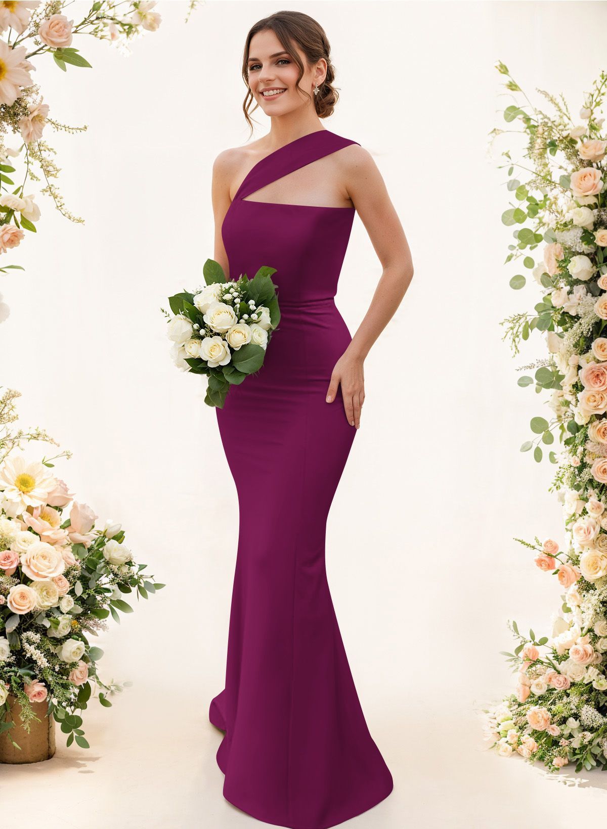 One-Shoulder Trumpet/Mermaid Pink Elastic Satin Bridesmaid Dresses, product image 86