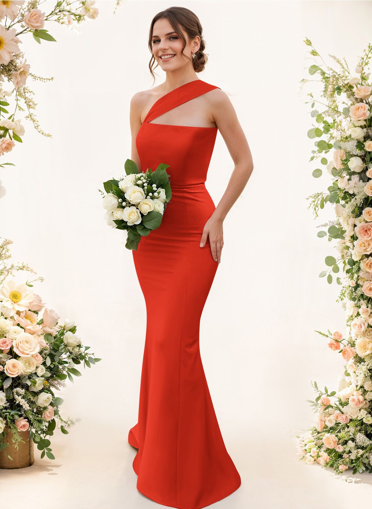 One-Shoulder Trumpet/Mermaid Pink Elastic Satin Bridesmaid Dresses, product image 158