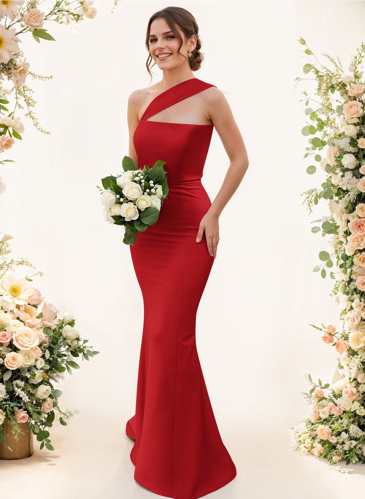 One-Shoulder Trumpet/Mermaid Pink Elastic Satin Bridesmaid Dresses, product image 74