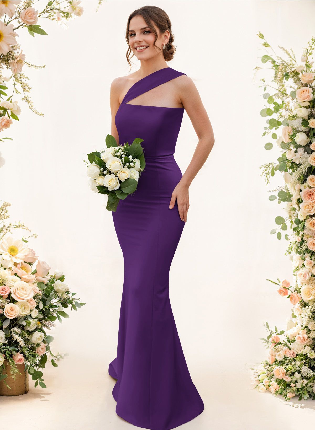 One-Shoulder Trumpet/Mermaid Pink Elastic Satin Bridesmaid Dresses, product image 89