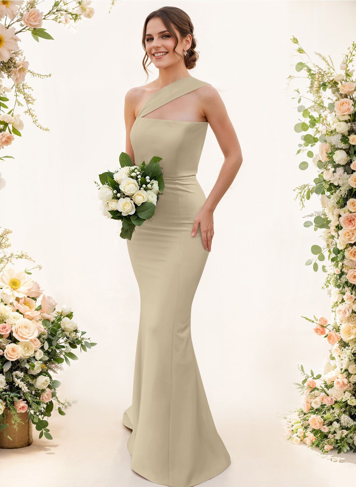 One-Shoulder Trumpet/Mermaid Pink Elastic Satin Bridesmaid Dresses, product image 149