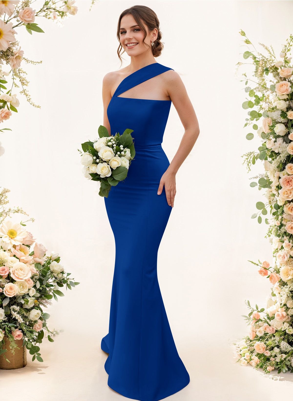 One-Shoulder Trumpet/Mermaid Pink Elastic Satin Bridesmaid Dresses, product image 23