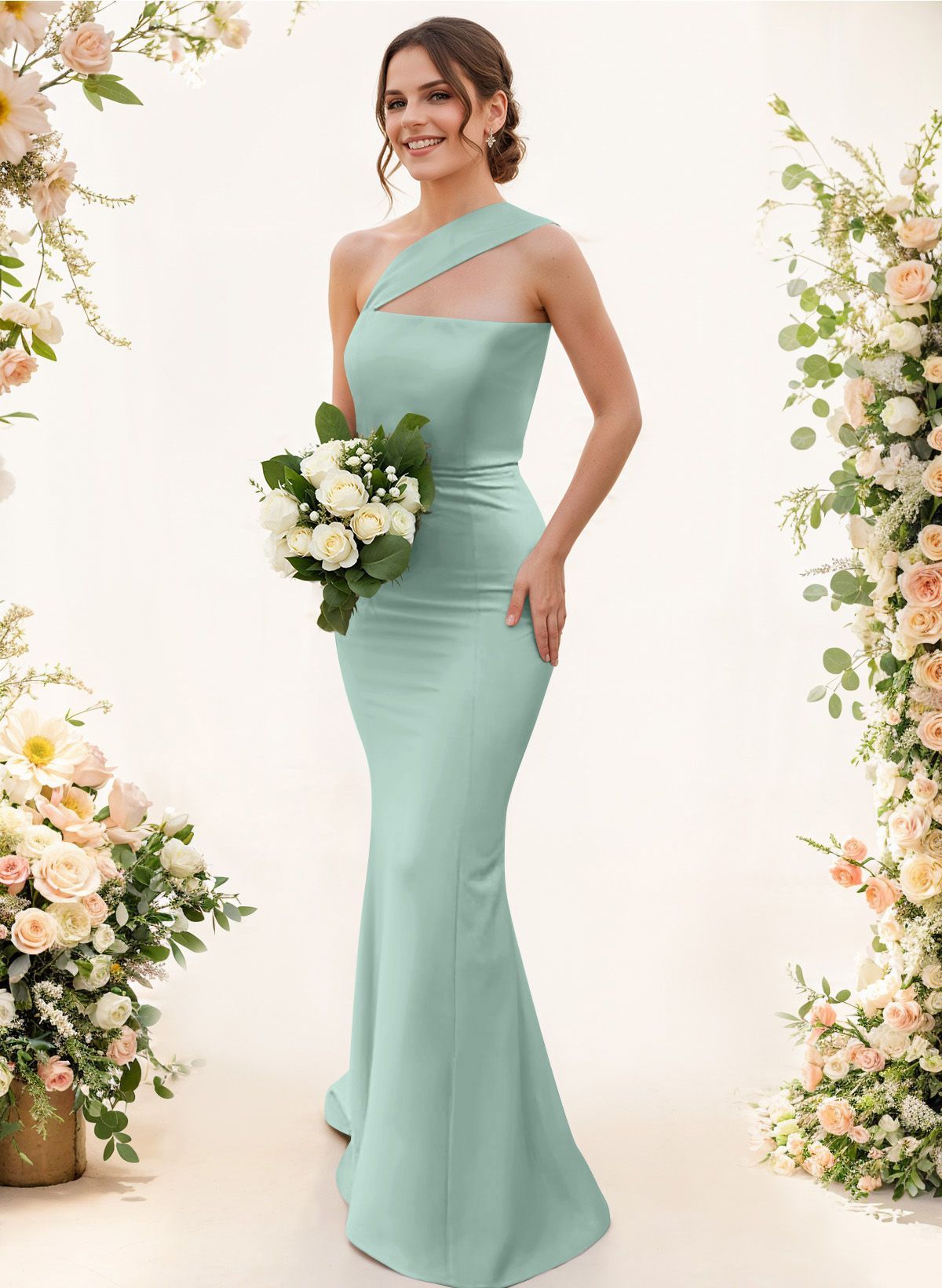 One-Shoulder Trumpet/Mermaid Pink Elastic Satin Bridesmaid Dresses, product image 110