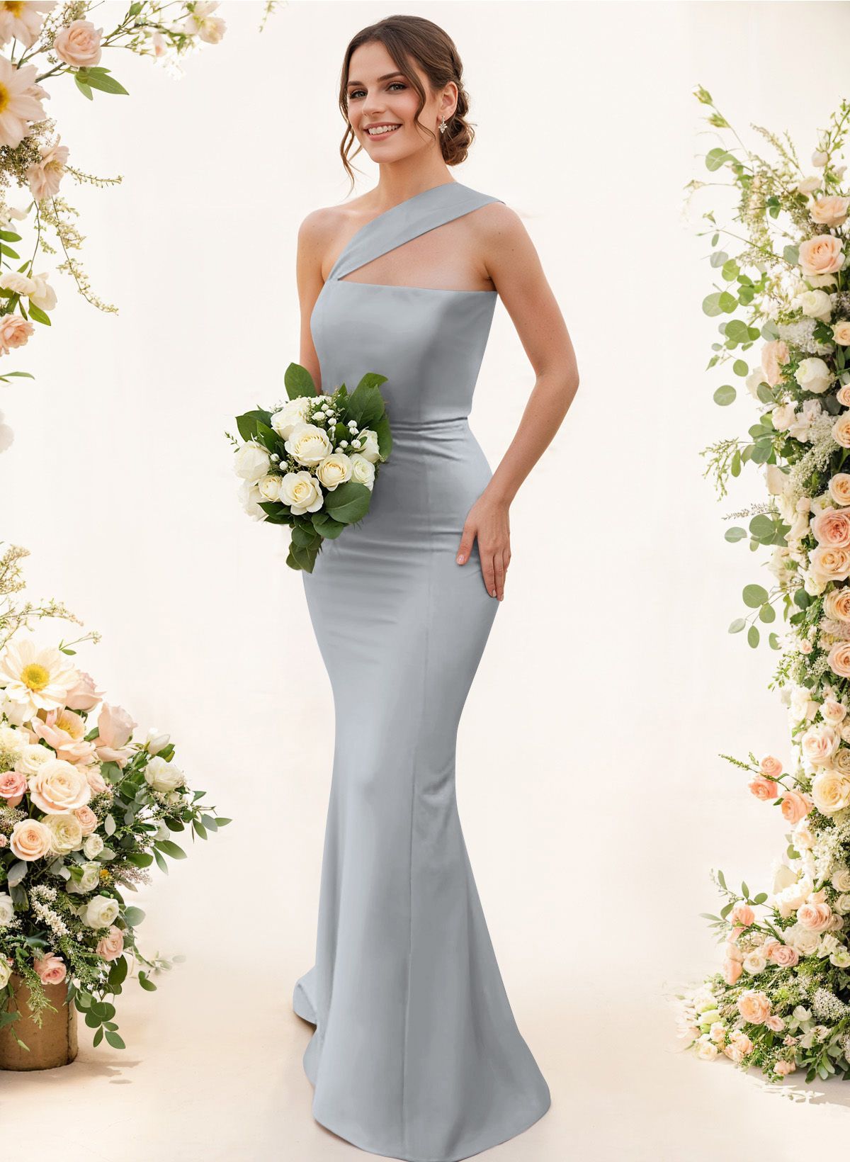 One-Shoulder Trumpet/Mermaid Pink Elastic Satin Bridesmaid Dresses, product image 167