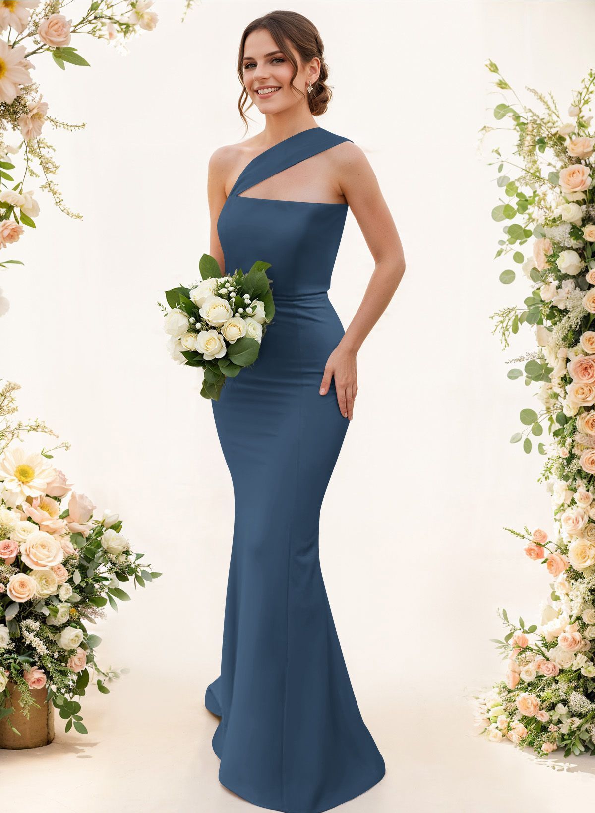 One-Shoulder Trumpet/Mermaid Pink Elastic Satin Bridesmaid Dresses, product image 26