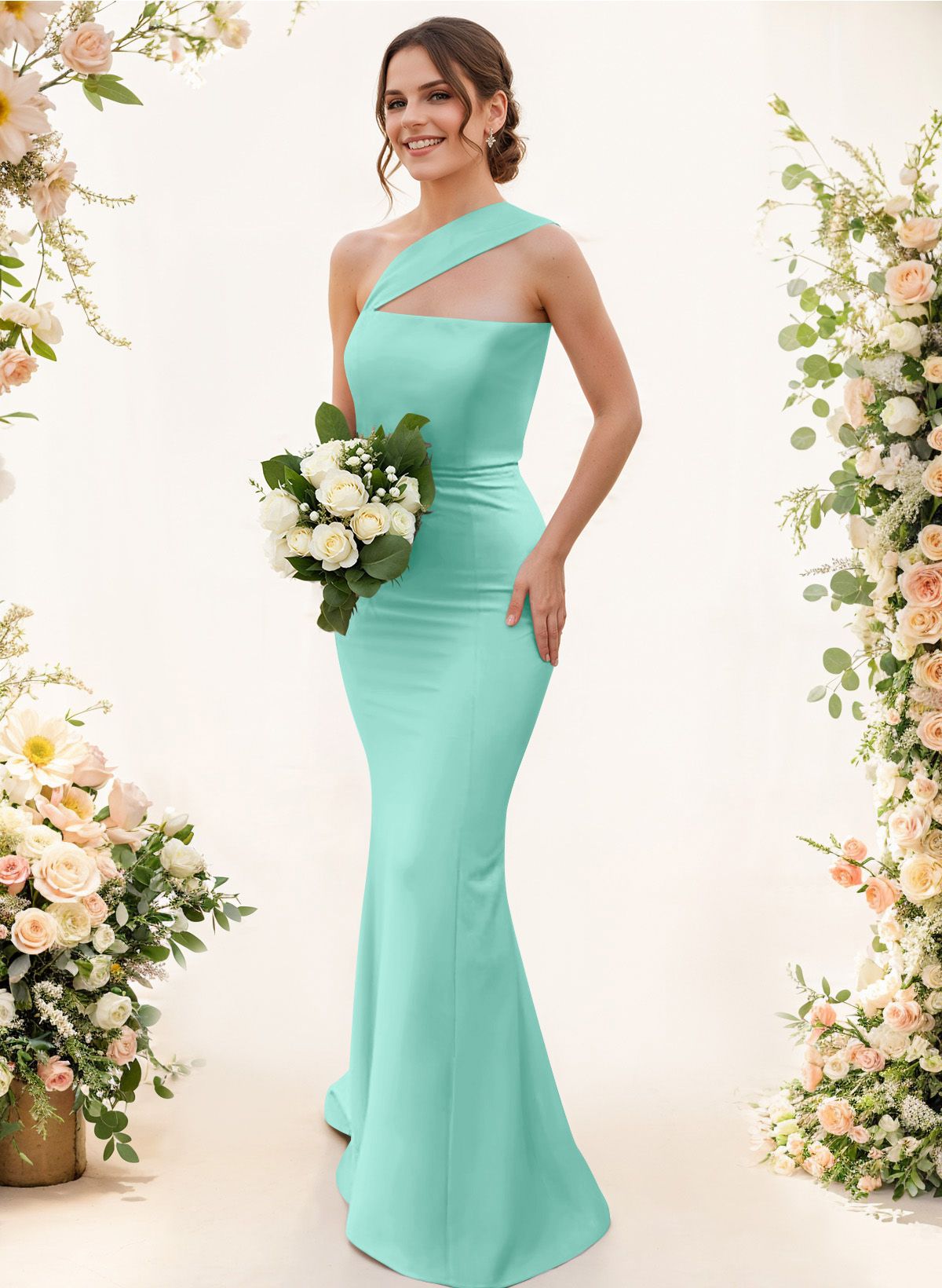 One-Shoulder Trumpet/Mermaid Pink Elastic Satin Bridesmaid Dresses, product image 137