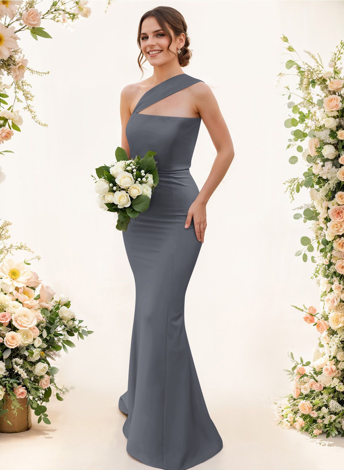 One-Shoulder Trumpet/Mermaid Pink Elastic Satin Bridesmaid Dresses, product image 170