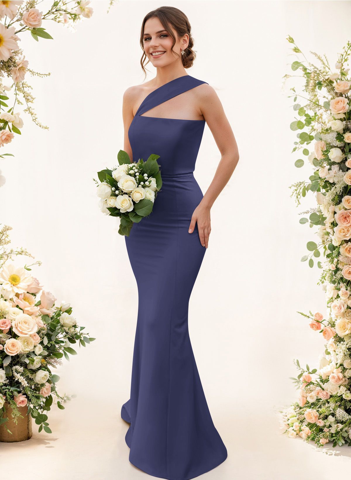 One-Shoulder Trumpet/Mermaid Pink Elastic Satin Bridesmaid Dresses, product image 29