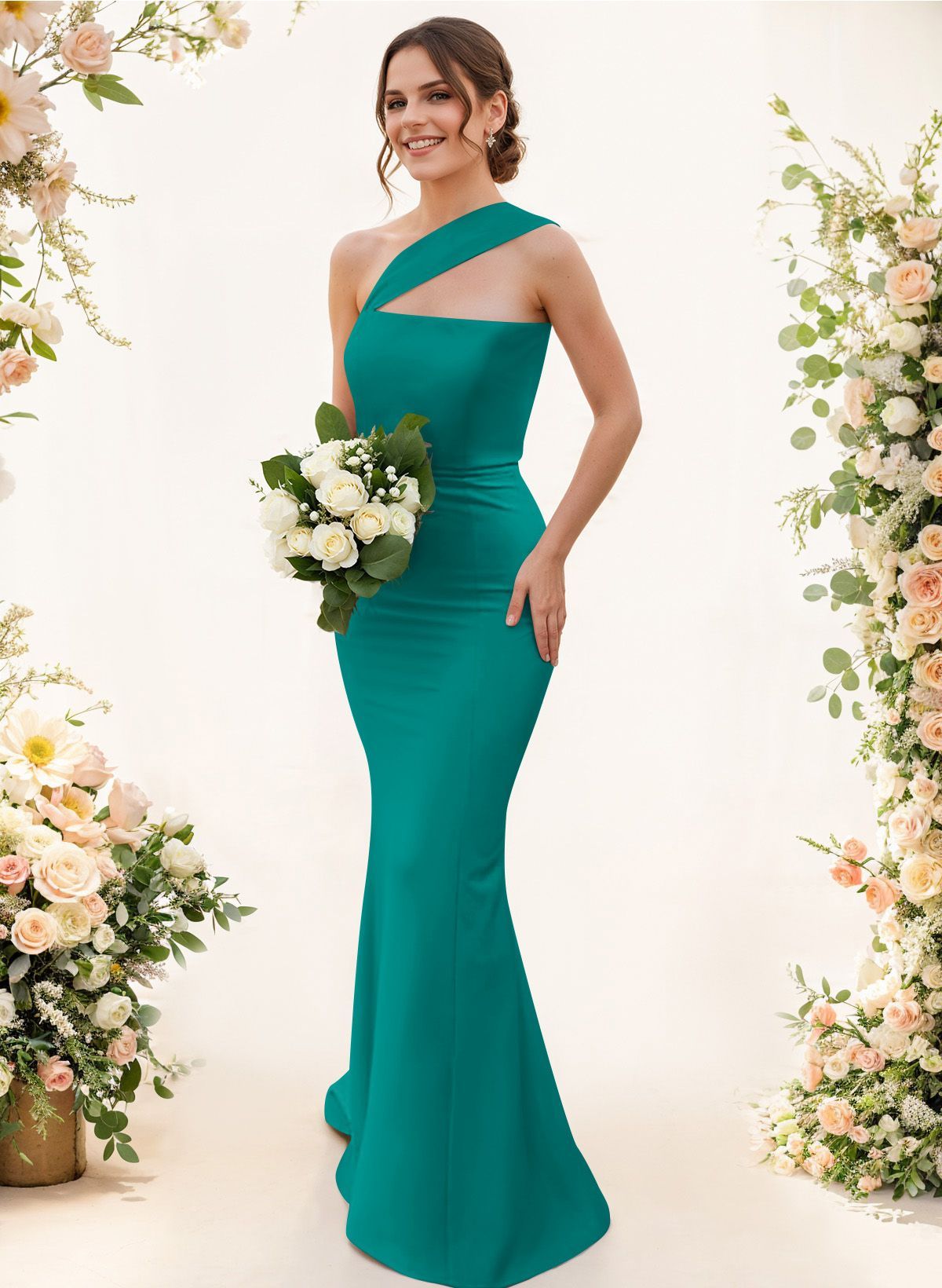 One-Shoulder Trumpet/Mermaid Pink Elastic Satin Bridesmaid Dresses, product image 176
