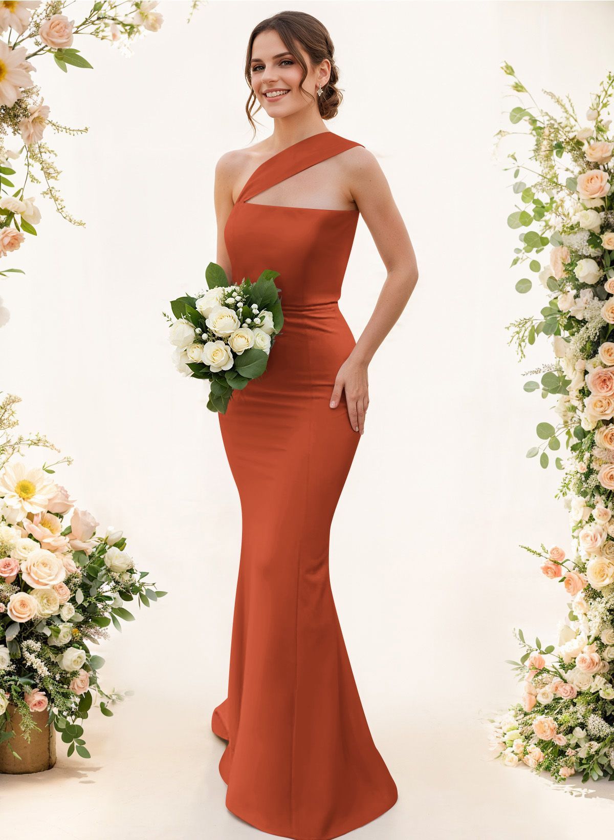 One-Shoulder Trumpet/Mermaid Pink Elastic Satin Bridesmaid Dresses, product image 179