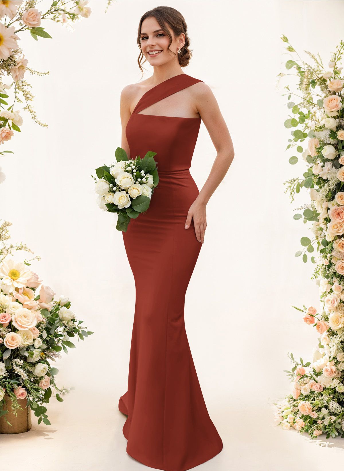 One-Shoulder Trumpet/Mermaid Pink Elastic Satin Bridesmaid Dresses, product image 83