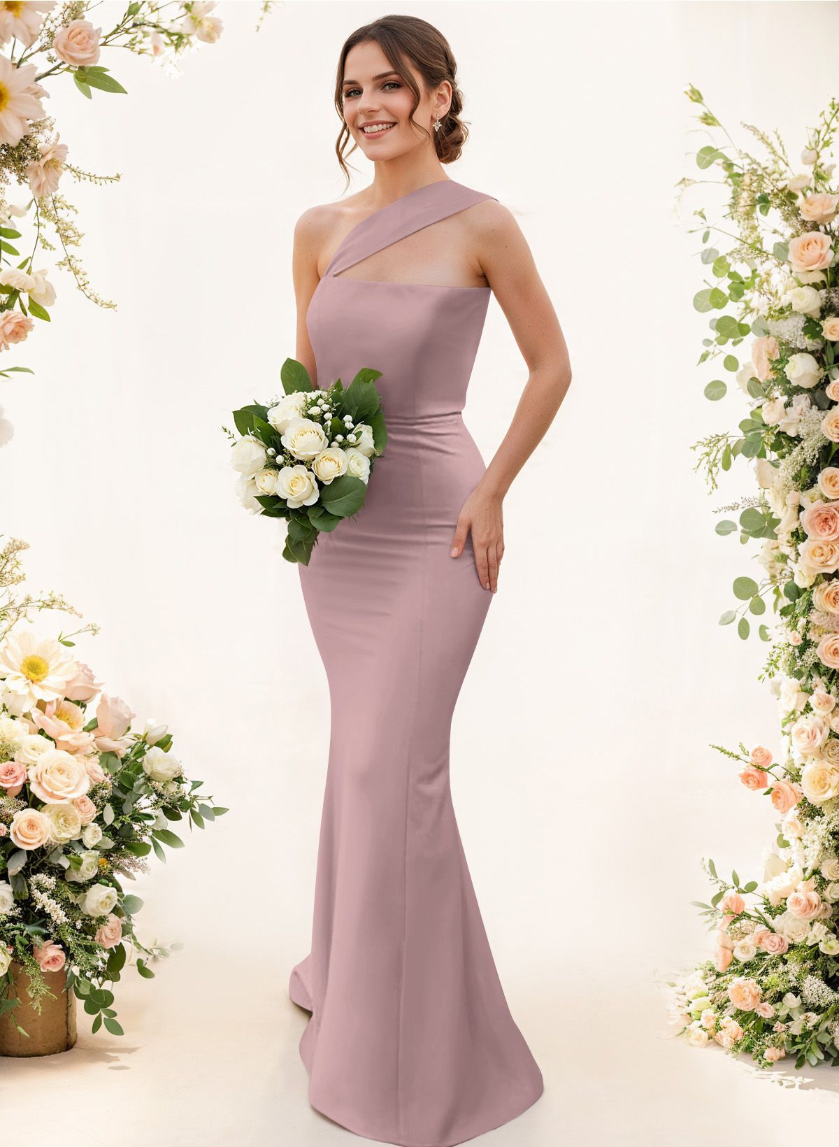 One-Shoulder Trumpet/Mermaid Pink Elastic Satin Bridesmaid Dresses, product image 95