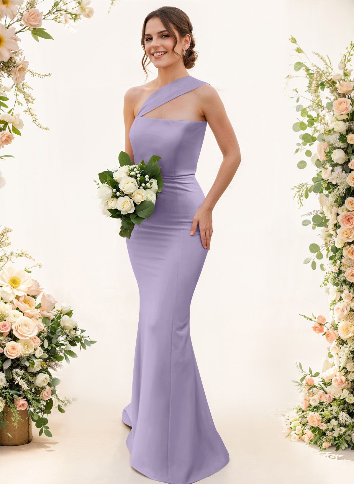 One-Shoulder Trumpet/Mermaid Pink Elastic Satin Bridesmaid Dresses, product image 92