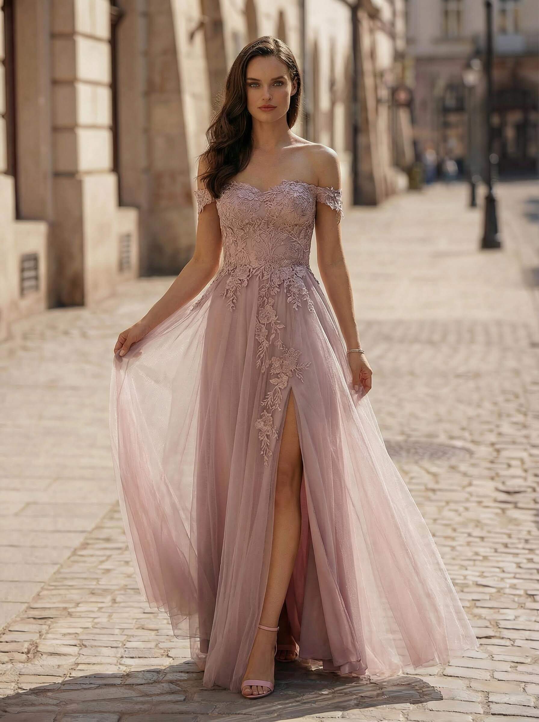 A-Line Off-The-Shoulder Sleeveless Lace/Tulle Bridesmaid Dresses With Split Front, image 1