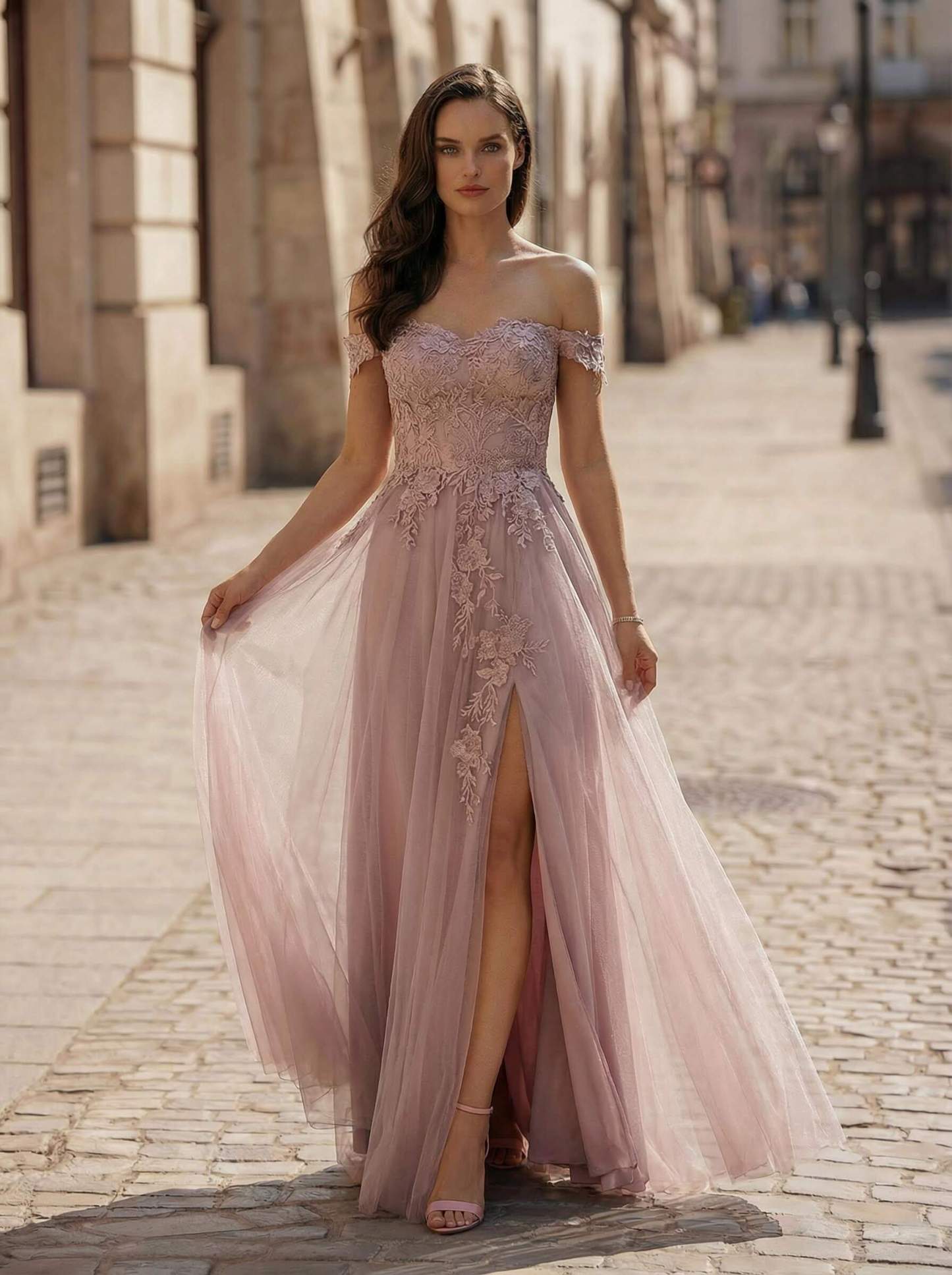 A-Line Off-The-Shoulder Sleeveless Lace/Tulle Bridesmaid Dresses With Split Front in Dusty Rose, US2