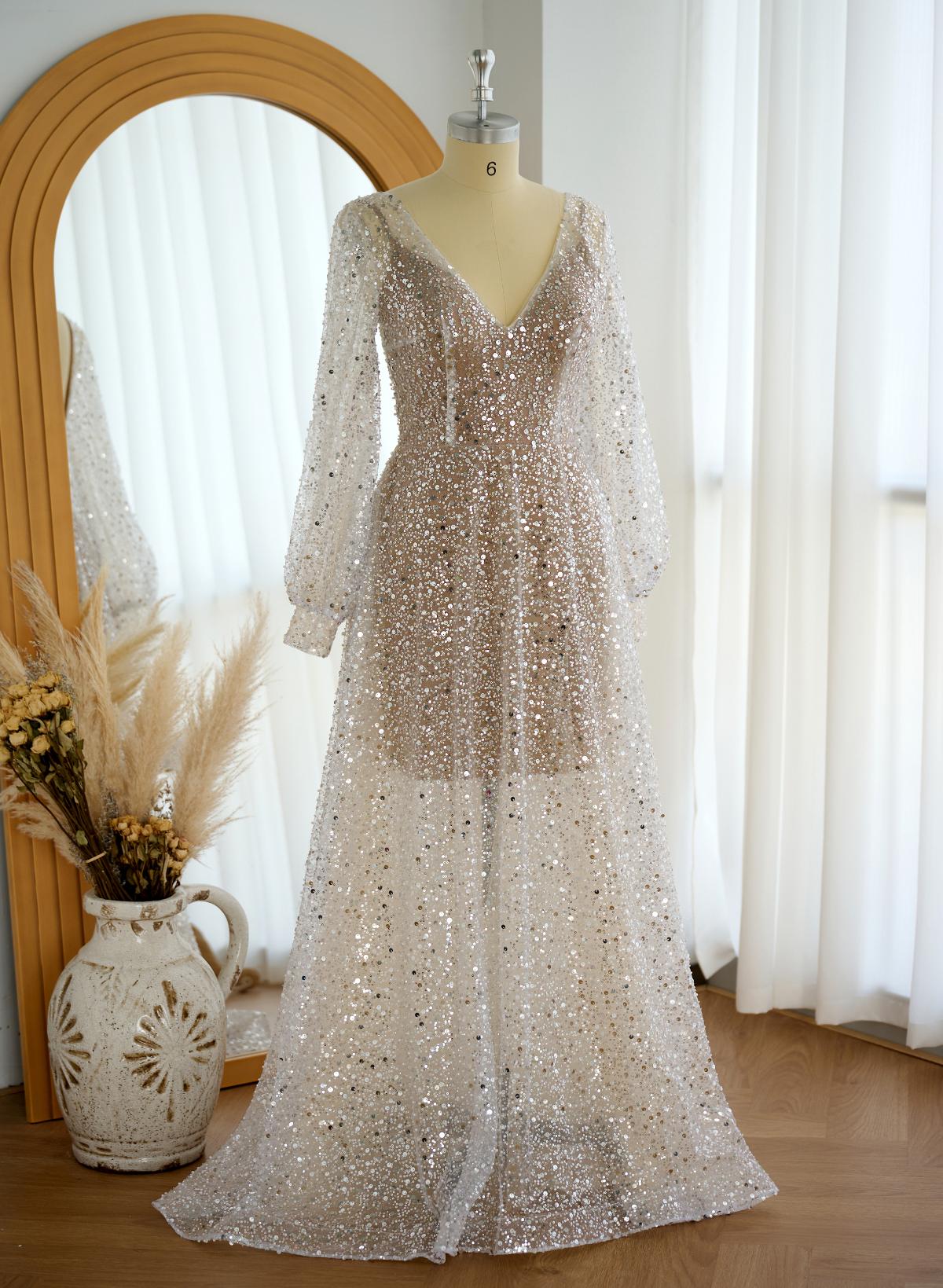 Beach Open Back V-Neck Long Sleeves Wedding Dresses, image 7