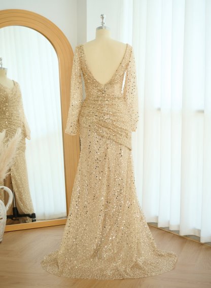 Sparkly V-Neck Long Sleeves Sweep Train Sequined Wedding Dresses With Split Front