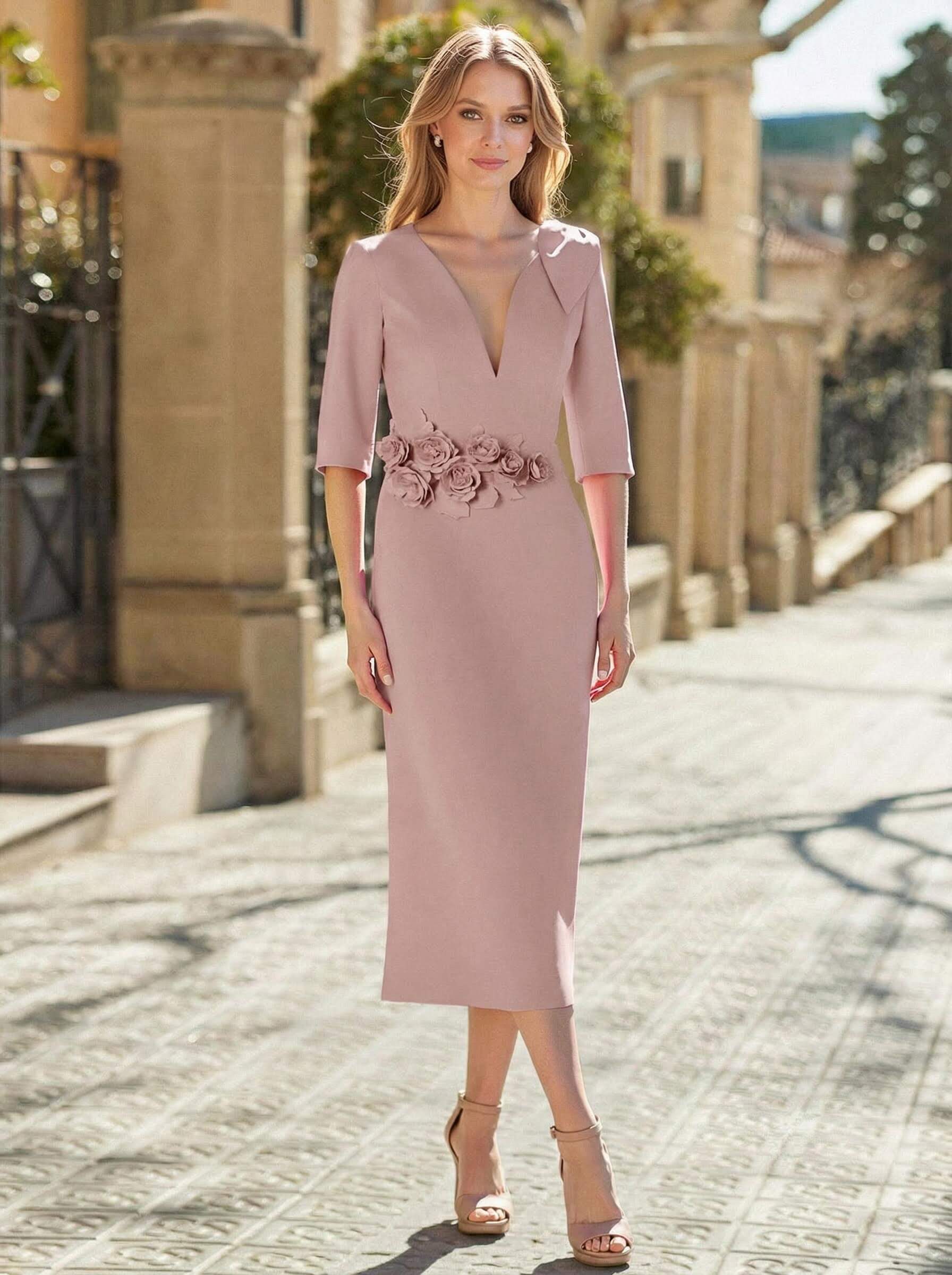 Sheath/Column Plunge Neck 1/2 Sleeves Tea-Length Elastic Satin Mother Of The Bride Dresses