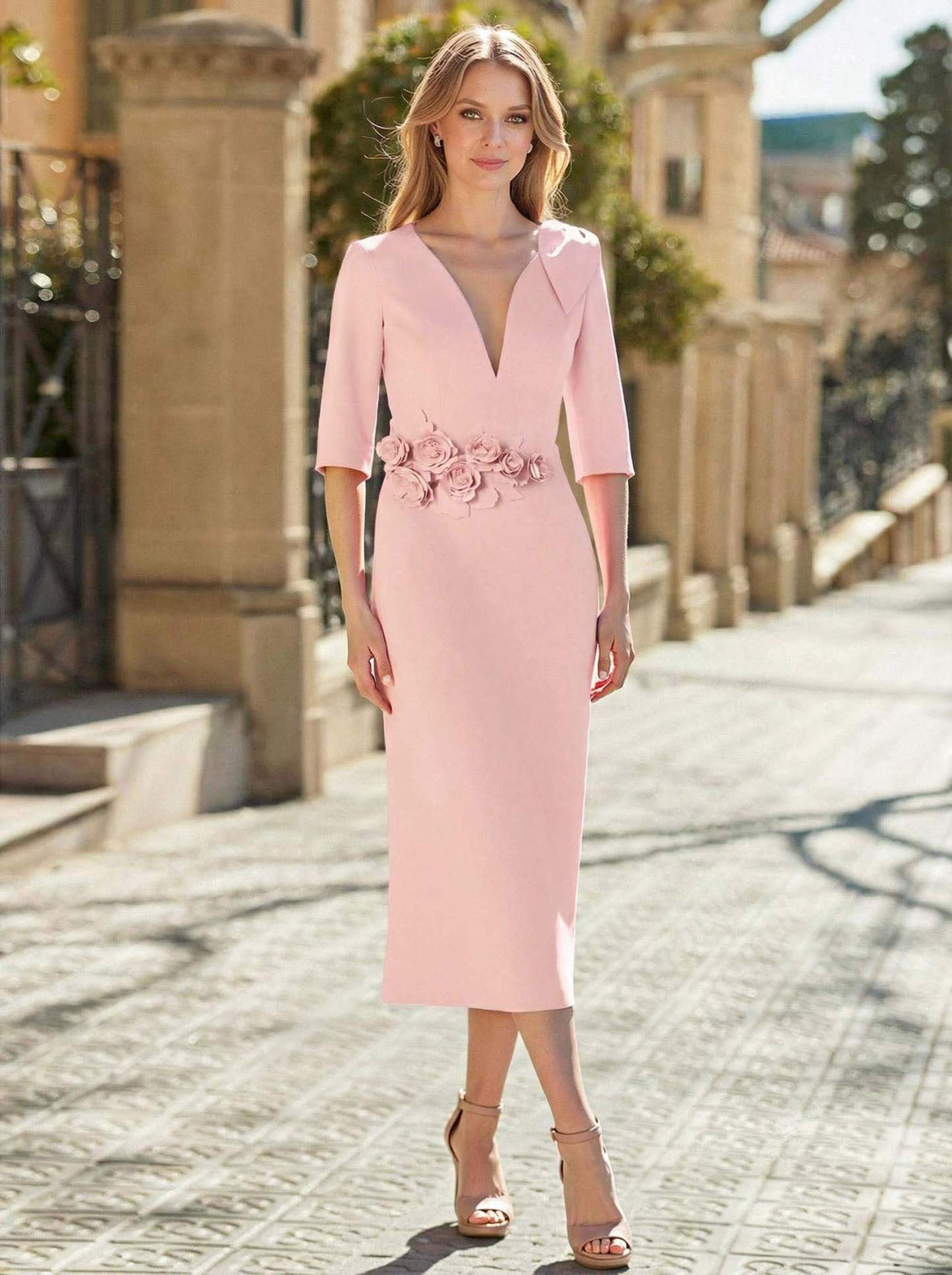Sheath/Column Plunge Neck 1/2 Sleeves Tea-Length Elastic Satin Mother Of The Bride Dresses