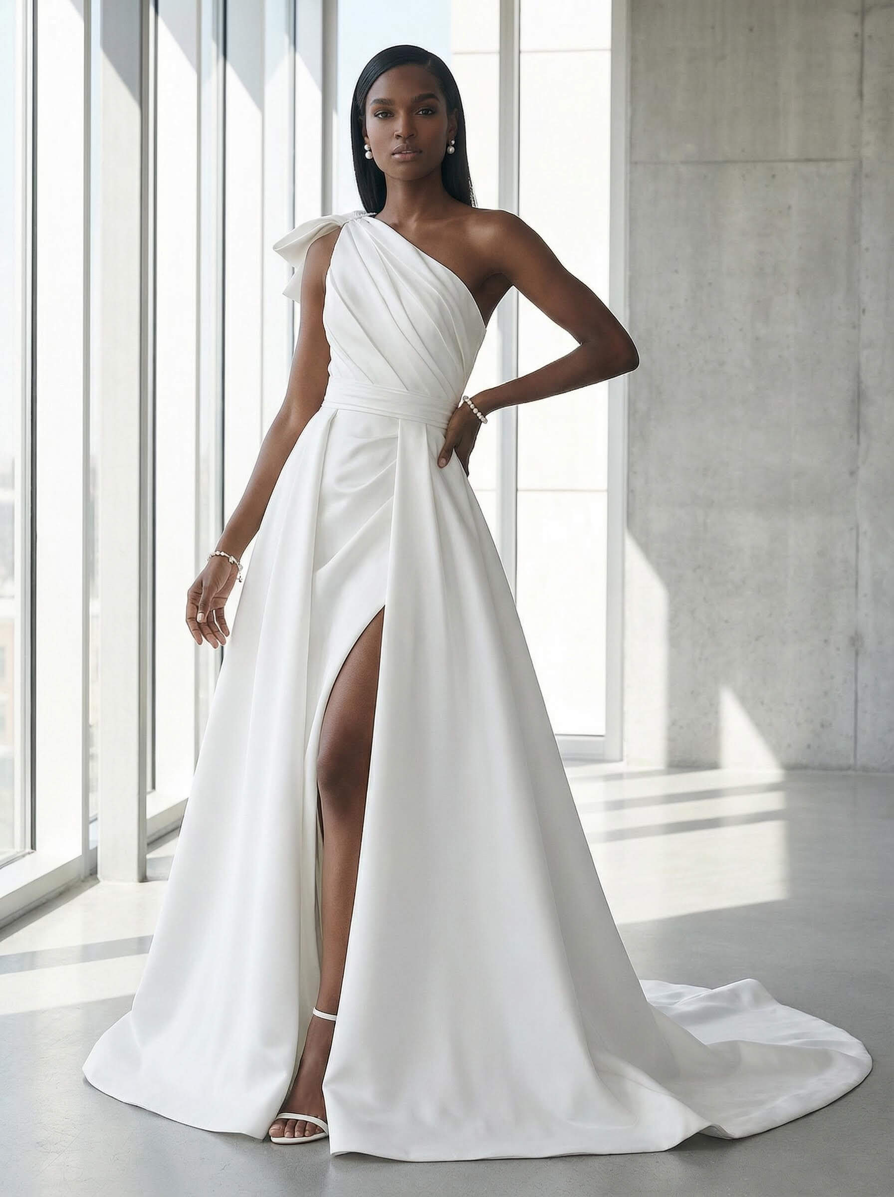 A-Line One-Shoulder Sleeveless Satin Cathedral Train Wedding Dresses, image 1