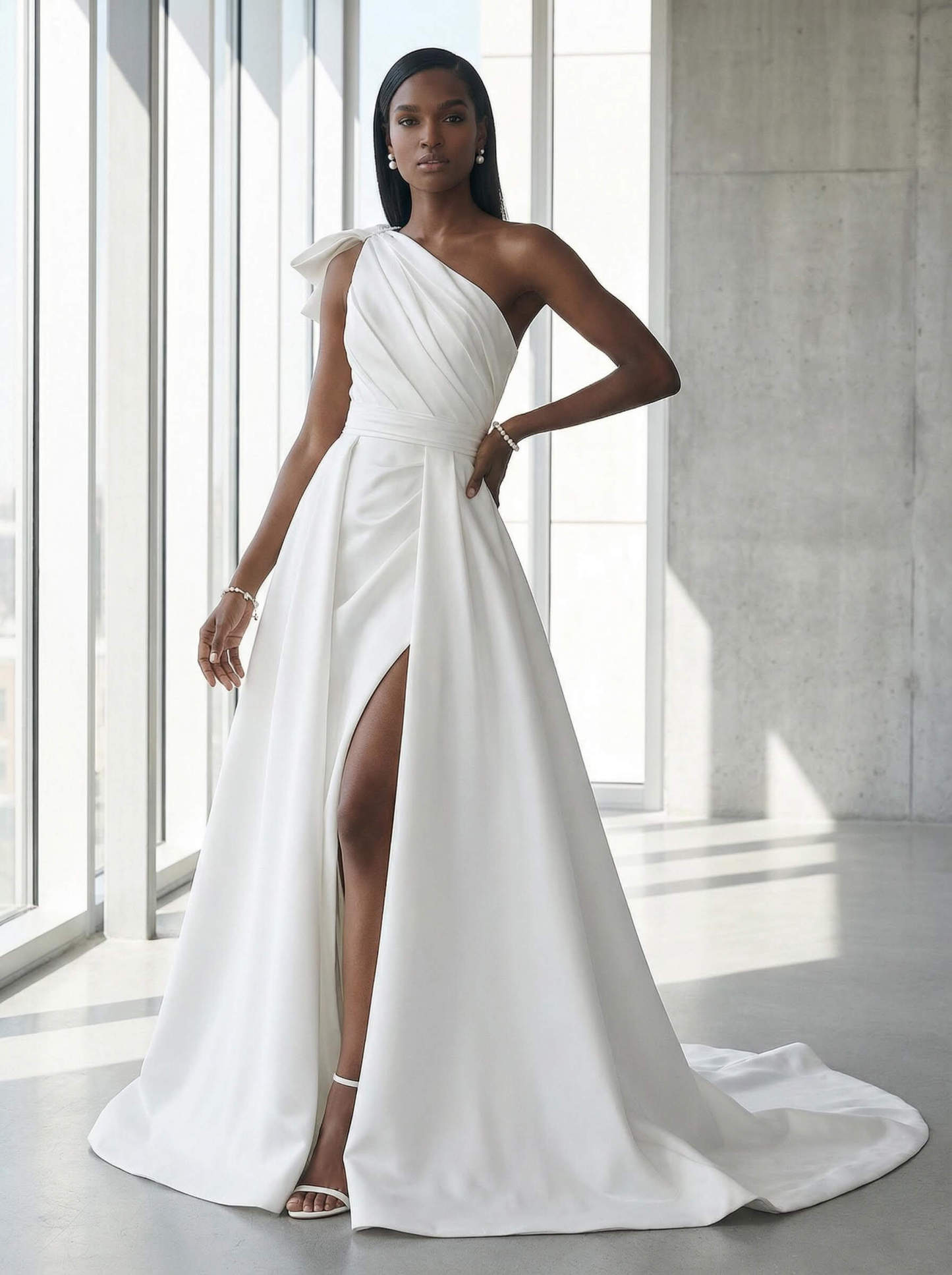 A-Line One-Shoulder Sleeveless Satin Cathedral Train Wedding Dresses in Ivory, US2