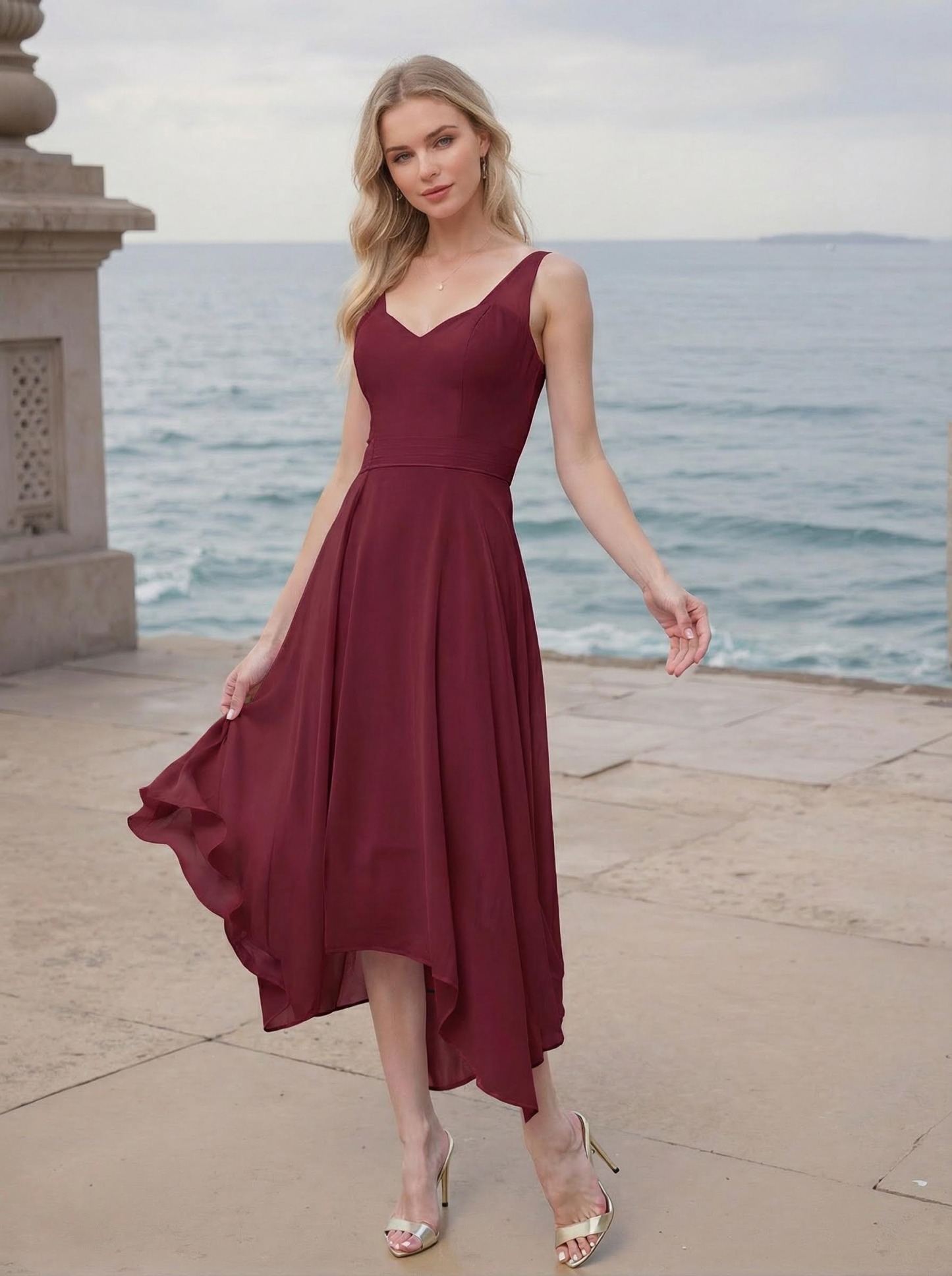 A-Line V-Neck Sleeveless Tea-Length Chiffon(Non-Stretch) Bridesmaid Dresses