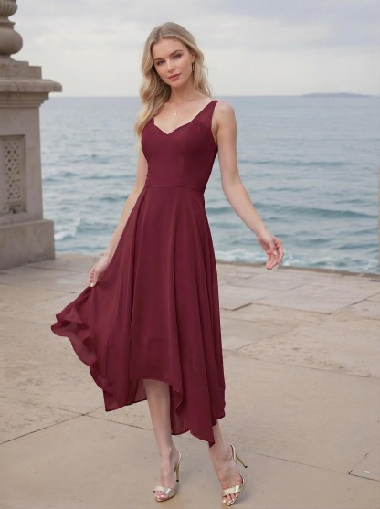 A-Line V-Neck Sleeveless Tea-Length Chiffon(Non-Stretch) Bridesmaid Dresses