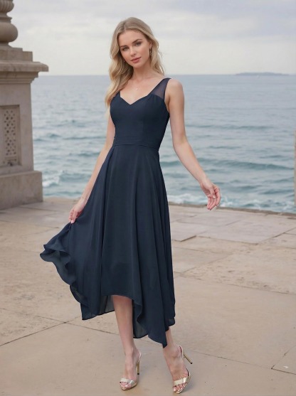 A-Line V-Neck Sleeveless Tea-Length Chiffon(Non-Stretch) Bridesmaid Dresses
