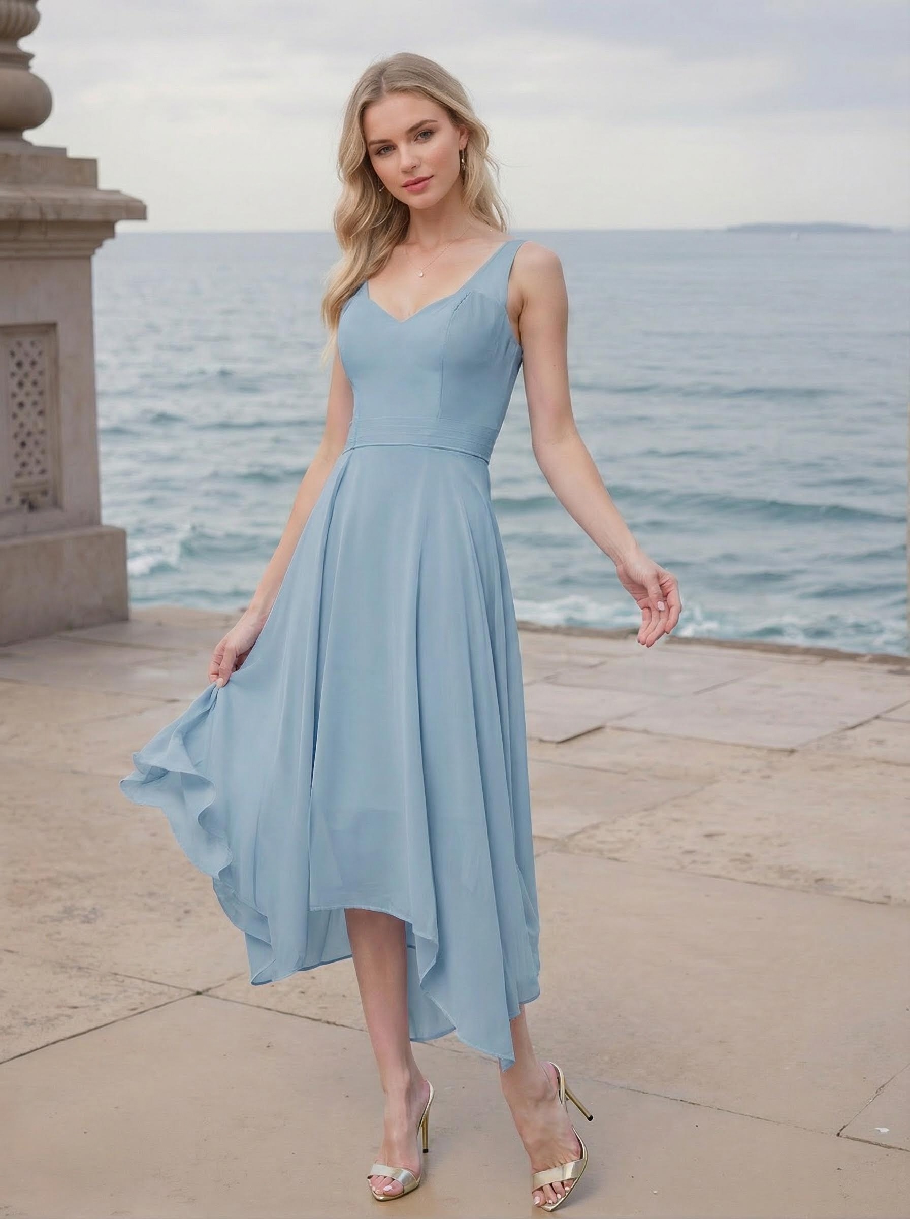 A-Line V-Neck Sleeveless Tea-Length Chiffon(Non-Stretch) Bridesmaid Dresses