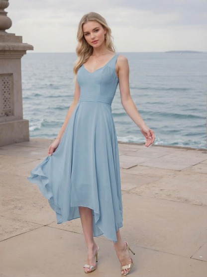 A-Line V-Neck Sleeveless Tea-Length Chiffon(Non-Stretch) Bridesmaid Dresses