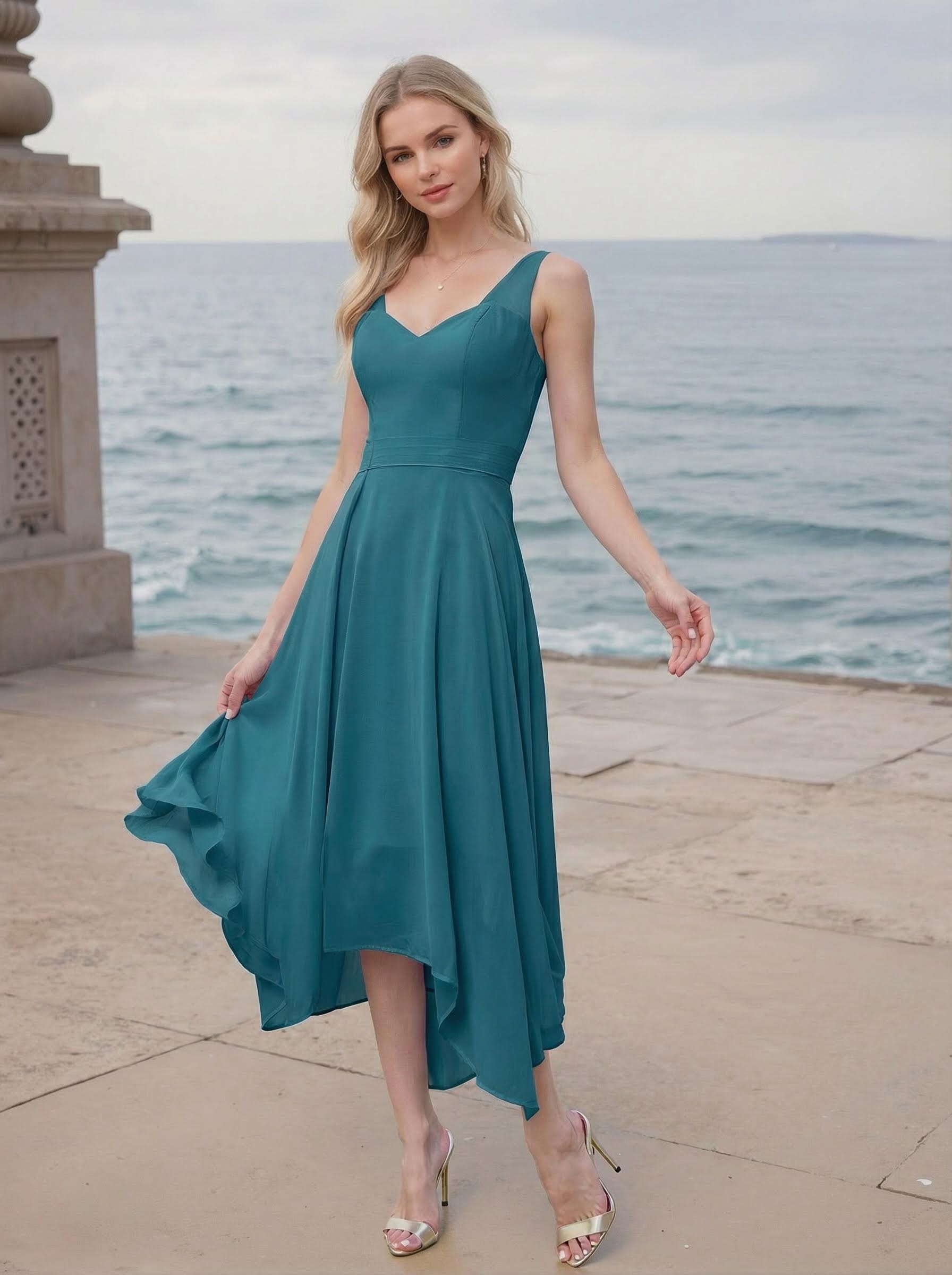 A-Line V-Neck Sleeveless Tea-Length Chiffon(Non-Stretch) Bridesmaid Dresses