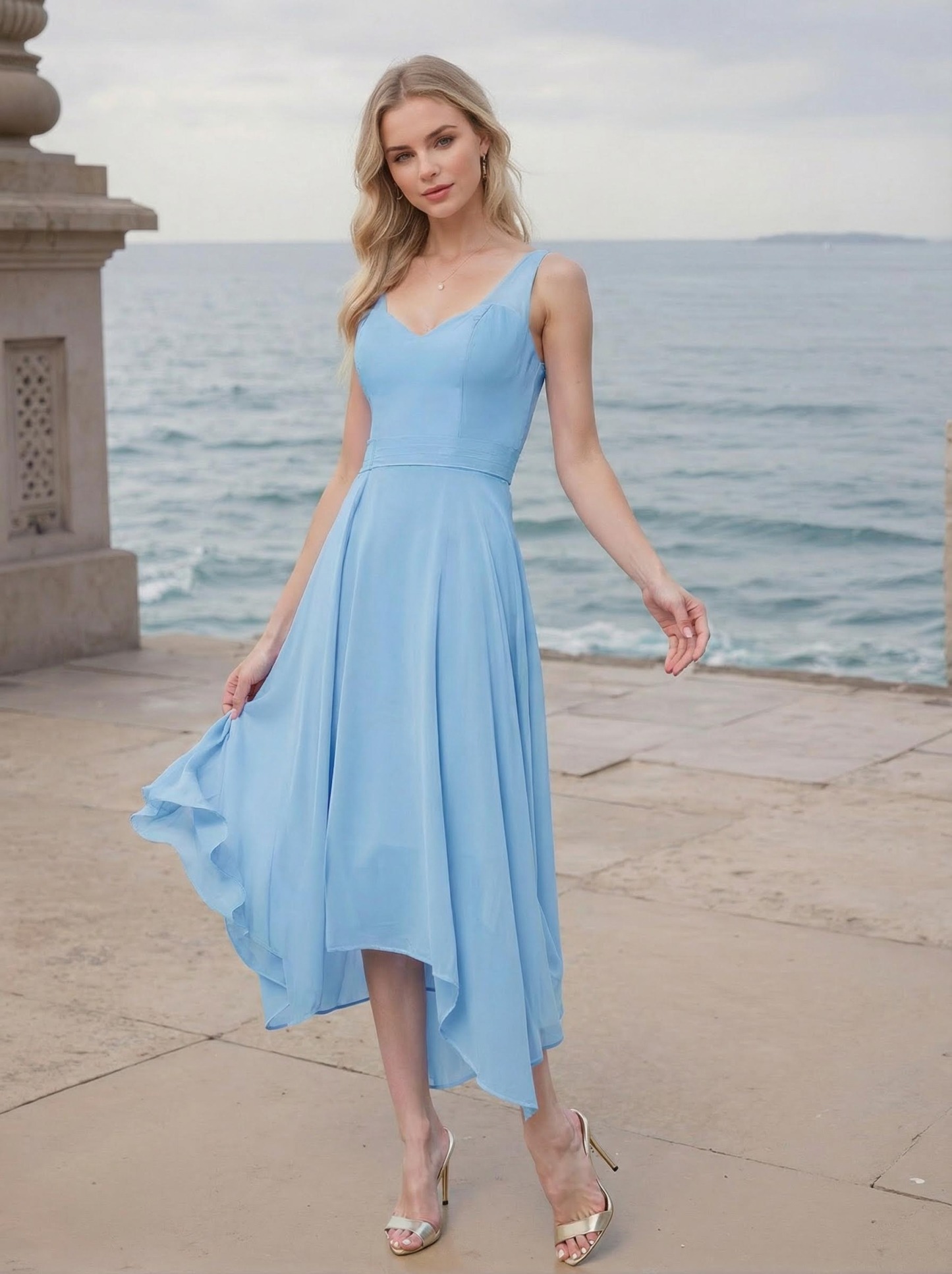 A-Line V-Neck Sleeveless Tea-Length Chiffon(Non-Stretch) Bridesmaid Dresses