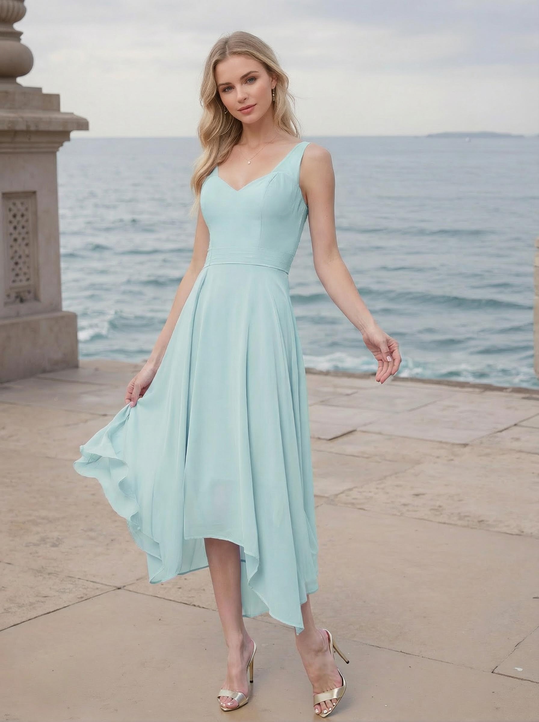 A-Line V-Neck Sleeveless Tea-Length Chiffon(Non-Stretch) Bridesmaid Dresses