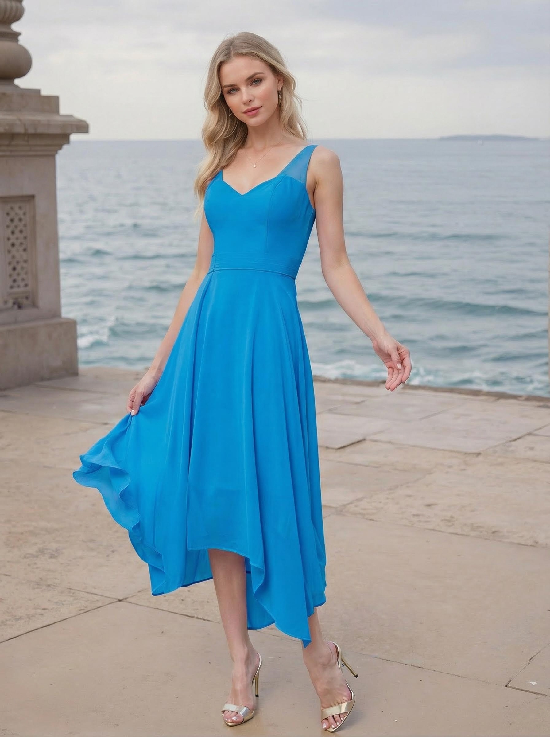 A-Line V-Neck Sleeveless Tea-Length Chiffon(Non-Stretch) Bridesmaid Dresses