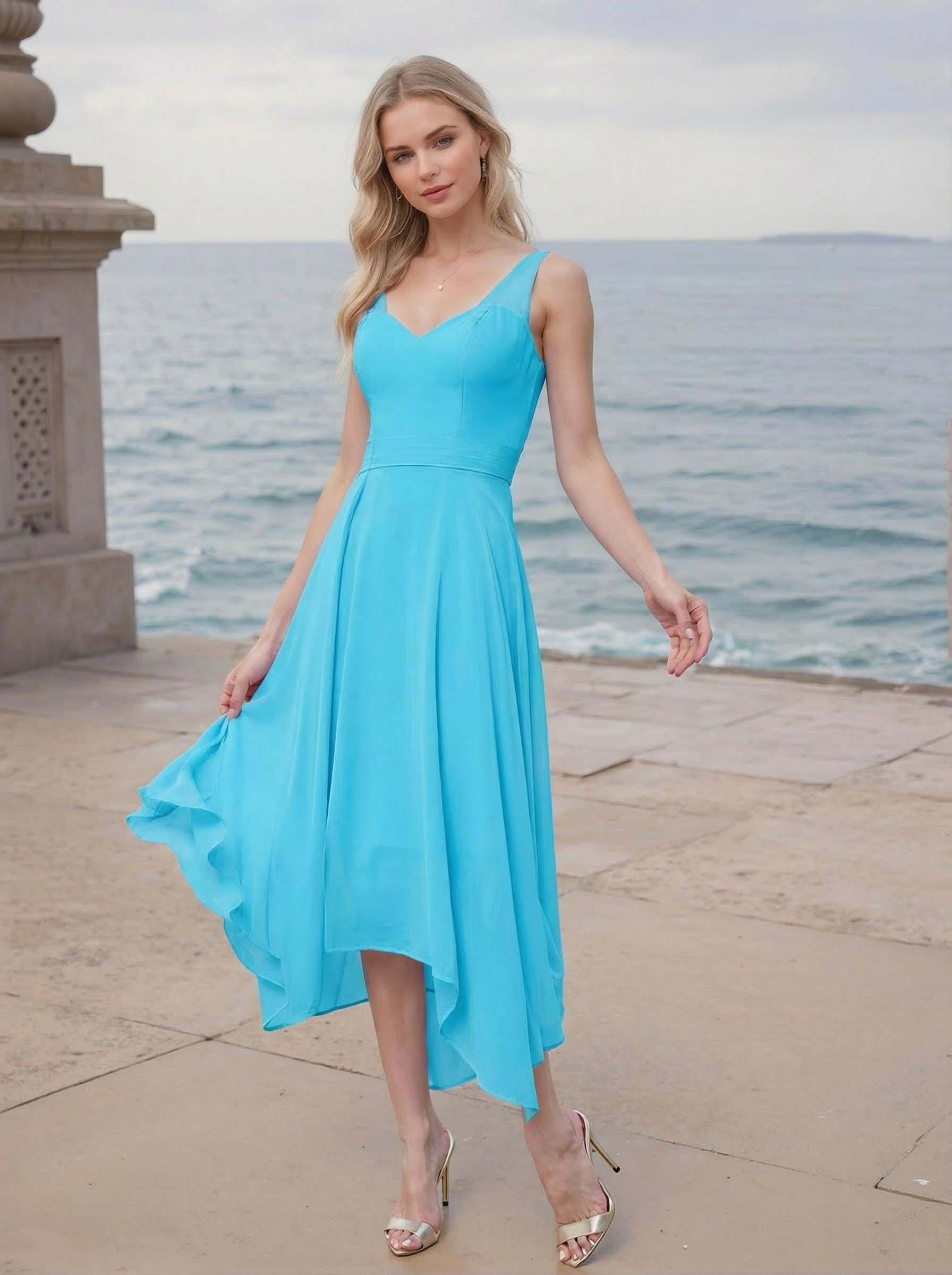 A-Line V-Neck Sleeveless Tea-Length Chiffon(Non-Stretch) Bridesmaid Dresses