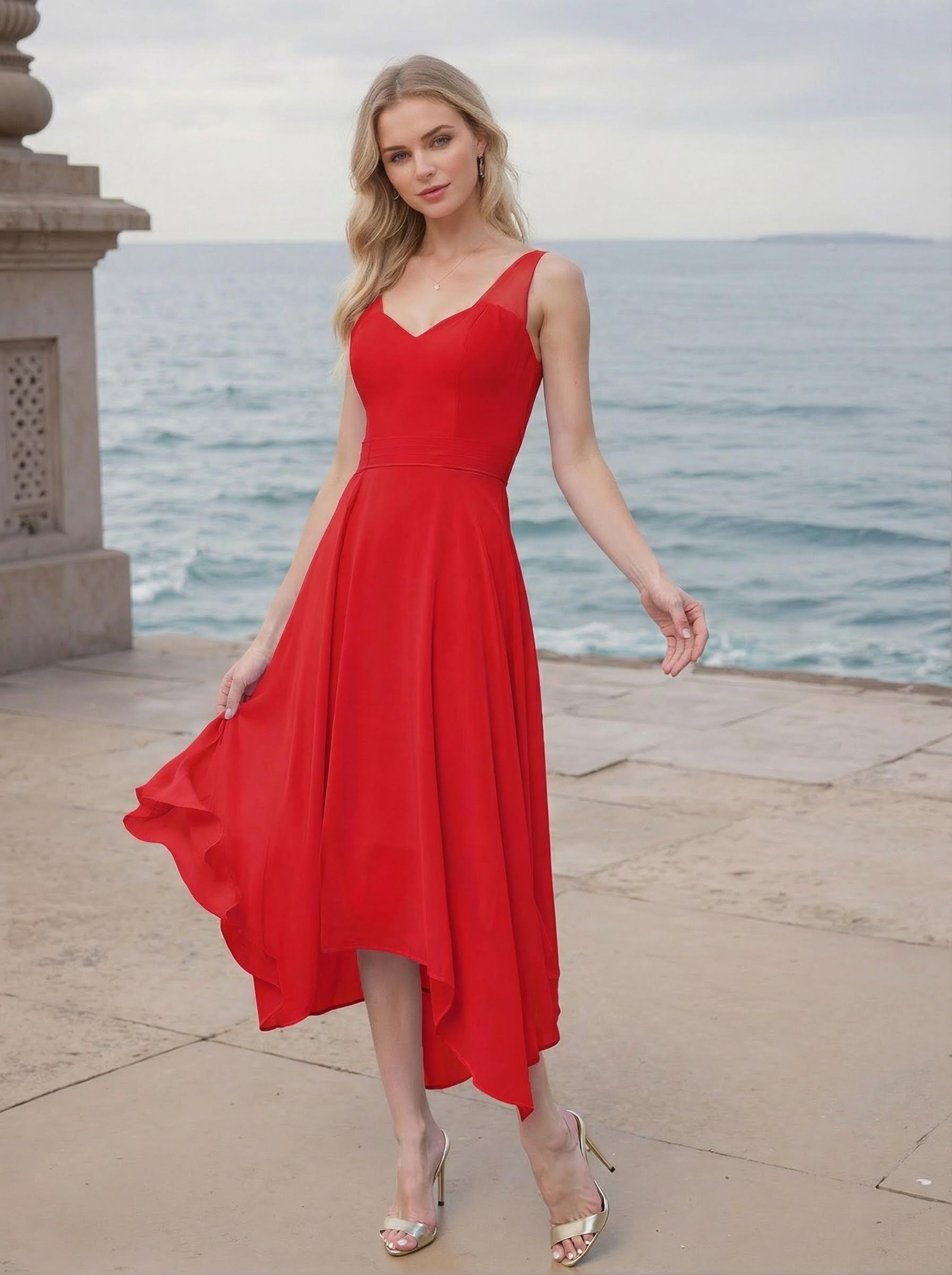 A-Line V-Neck Sleeveless Tea-Length Chiffon(Non-Stretch) Bridesmaid Dresses
