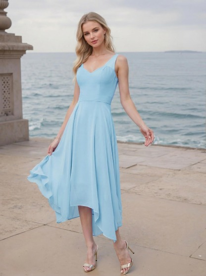 A-Line V-Neck Sleeveless Tea-Length Chiffon(Non-Stretch) Bridesmaid Dresses