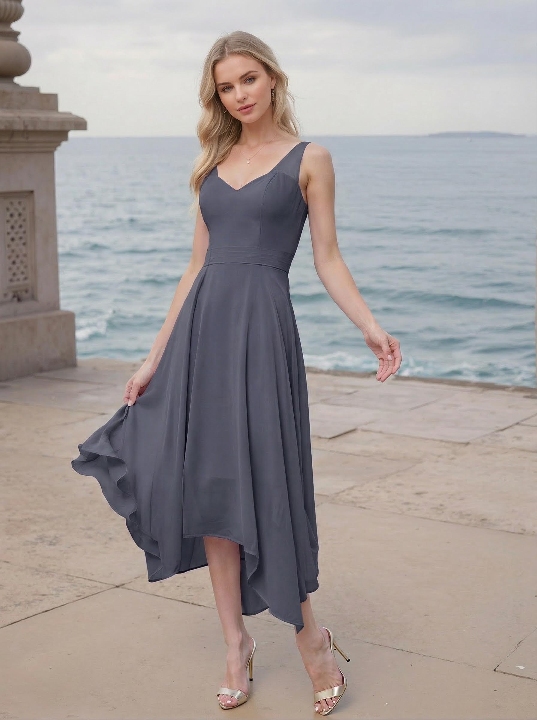 A-Line V-Neck Sleeveless Tea-Length Chiffon(Non-Stretch) Bridesmaid Dresses